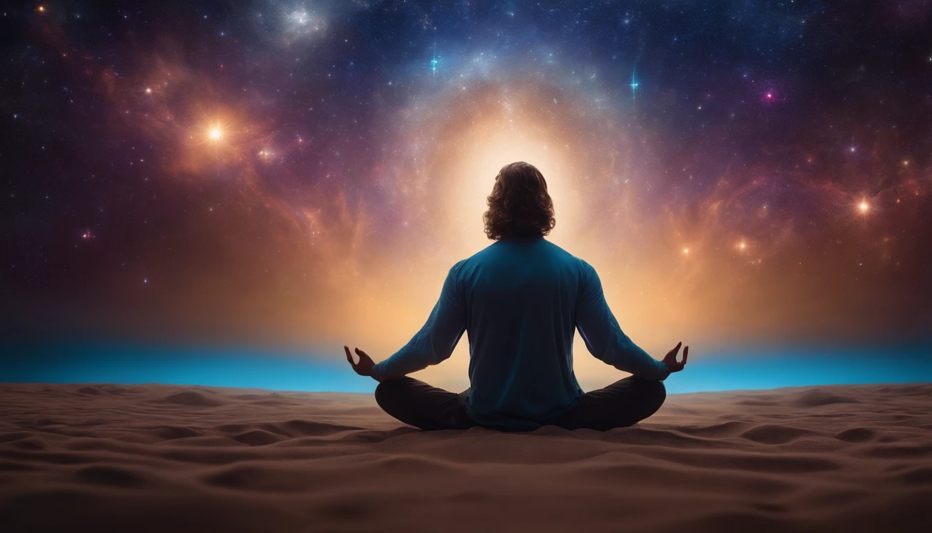 mystical man in the middle of the universe Astral body, deep meditation, Etéric atmosphere, Aurico