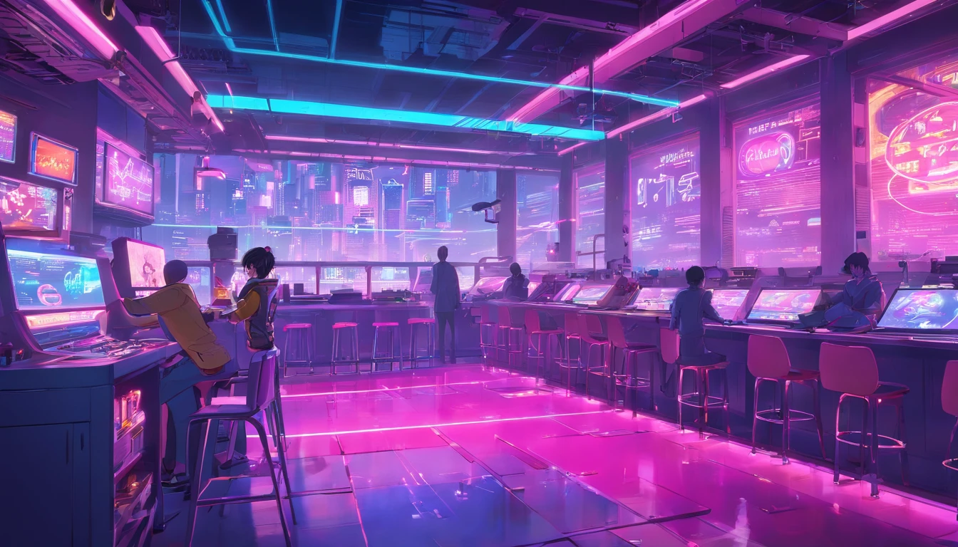 "Vibrant cyberpunk playroom with immersive pink-purple neon lights, Criando uma atmosfera futurista para intenso, action-packed game scenes."