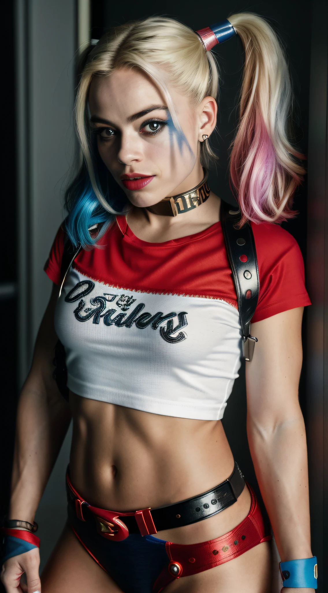 (8k, Foto RAW, La mejor calidad, Obra maestra:1.2), Ultra detallado, Arte Oficial, Toma de cuerpo completo, fotorrealista:1.37, little guy, nipple visible through the shirt, DC Harley Quinn, Film grain, dynamic  pose, pecho grande, disparo enfocado en su pecho