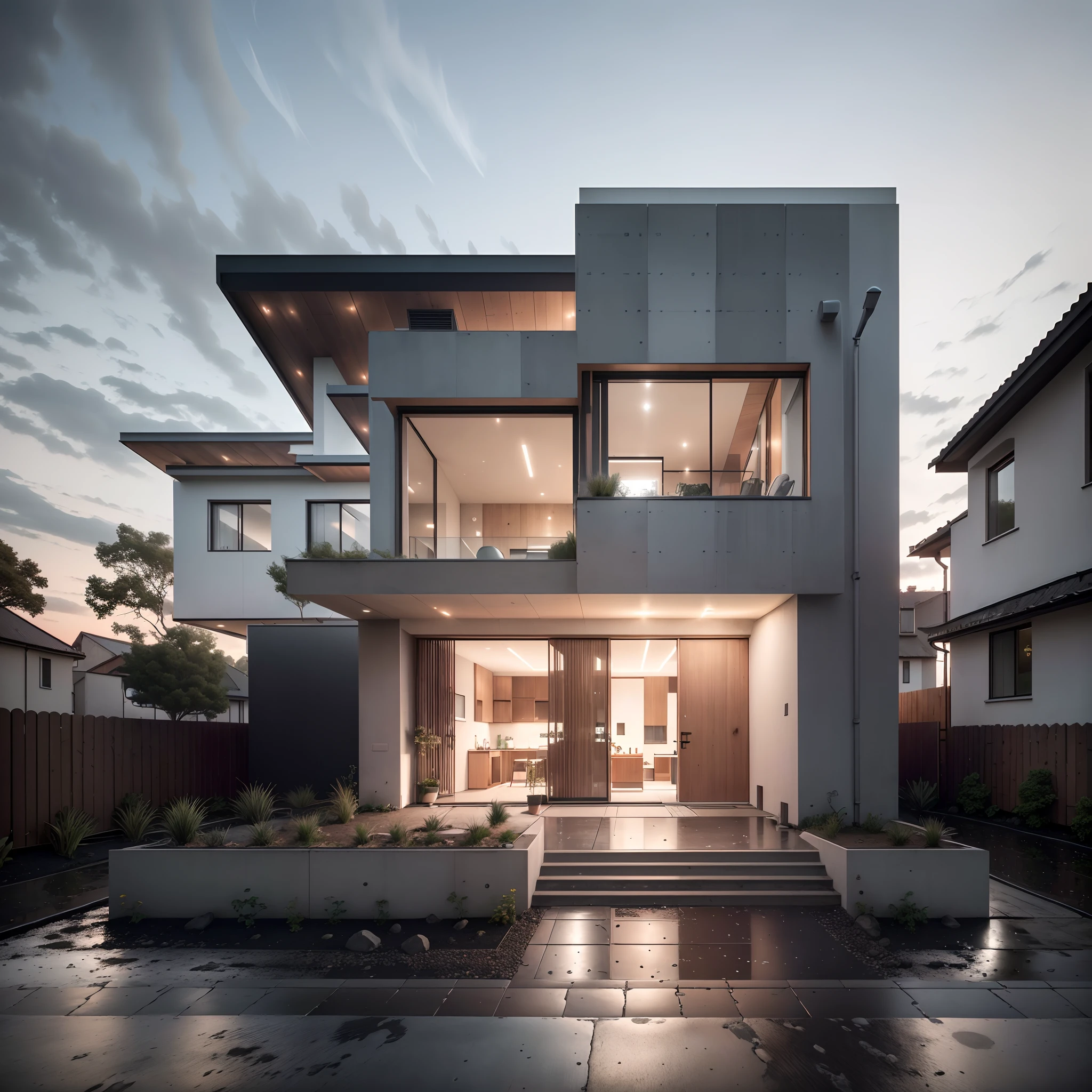Bauhaus style house, glass and brutalist concrete house with a sloping roof, modern, dynamic (RAW photo, real, best quality, masterpiece:1.2), (hyper realistic, photo-realistic:1.2), high quality, (dark lighting:1.2), dusk, perfect lighting, trending on archdaily