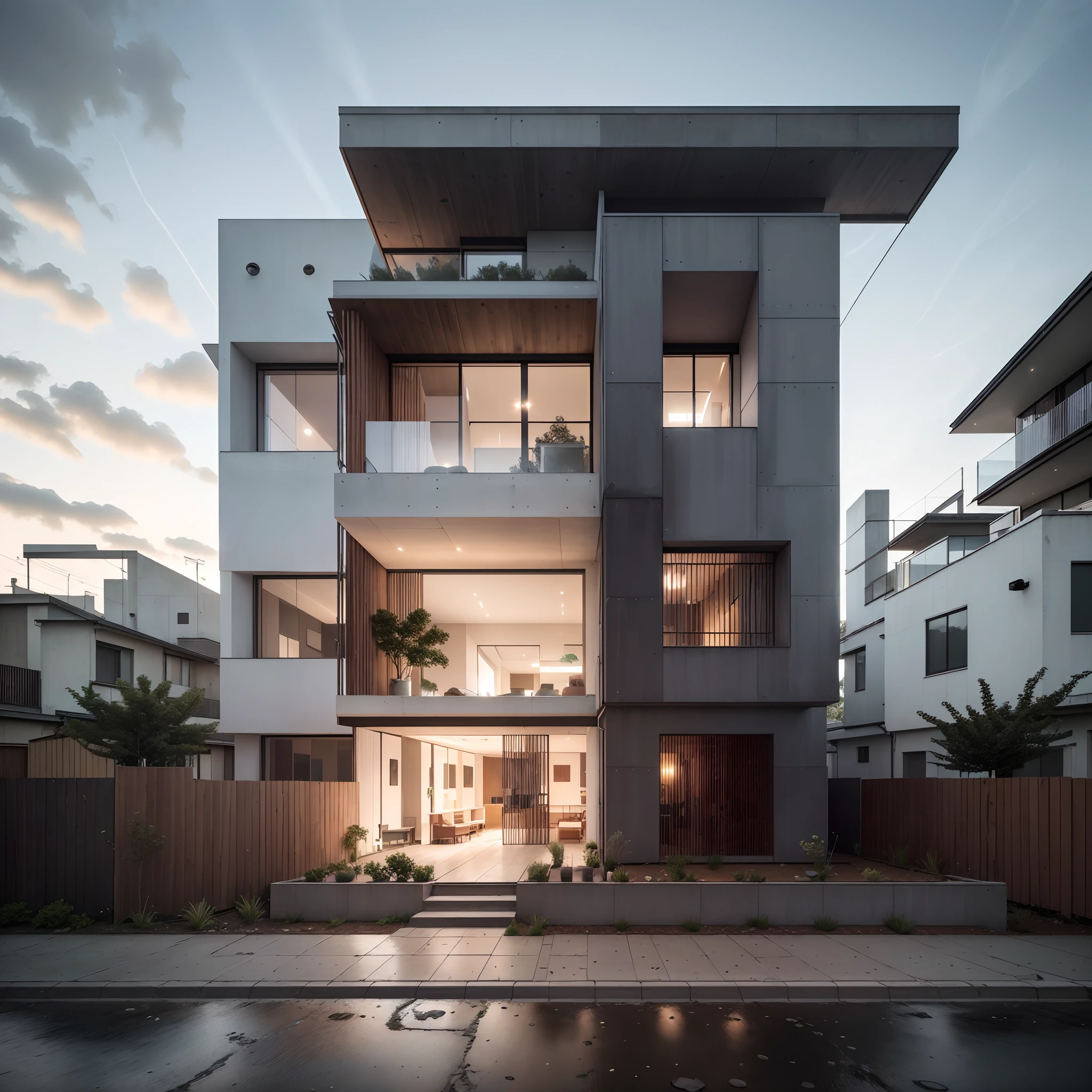 Bauhaus style house, glass and brutalist concrete house with a sloping roof, modern, dynamic (RAW photo, real, best quality, masterpiece:1.2), (hyper realistic, photo-realistic:1.2), high quality, (dark lighting:1.2), dusk, perfect lighting, trending on archdaily