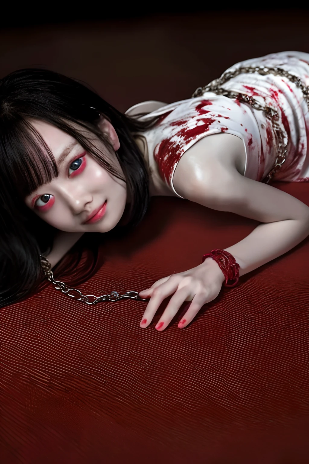 masterpiece, best quality, 1 girl, supine, lying face down on the floor, pale skin, messy hair, red eyes, glowing eyes, creepy, creepy smile, crazy expression, blood on face, blood on clothes, naked, creepy, scary, blood, horror, light particles, night, iron bracelets with chains,