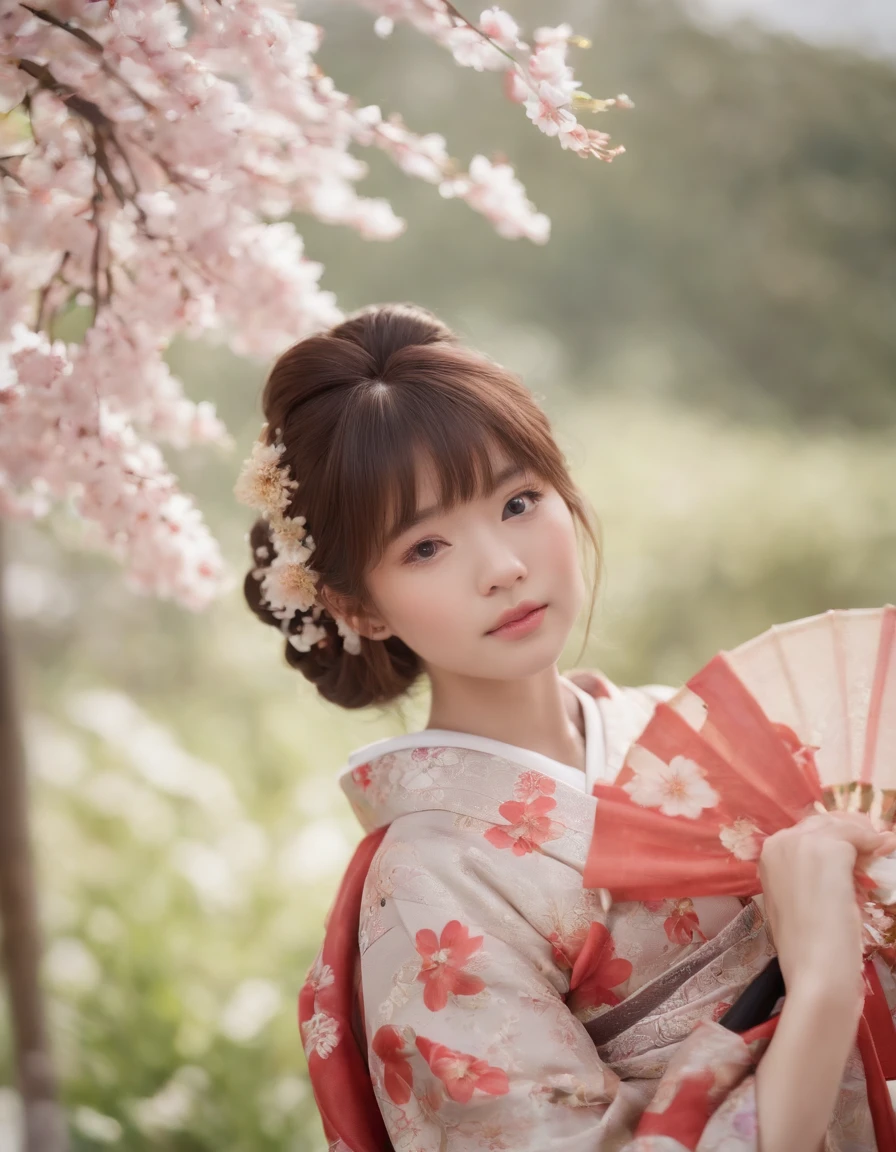1girl, solo, outdoor, cute japanese model girl, kimono, floral print, hair ornament, looking at viewer, hair flower, brown eyes, bangs, masterpiece, best quality, realistic
