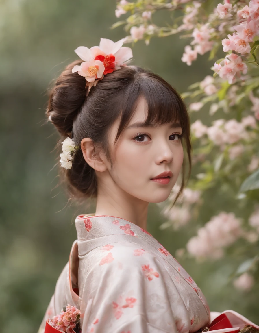 1girl, solo, outdoor, cute japanese model girl, kimono, floral print, hair ornament, looking at viewer, hair flower, brown eyes, bangs, masterpiece, best quality, realistic
