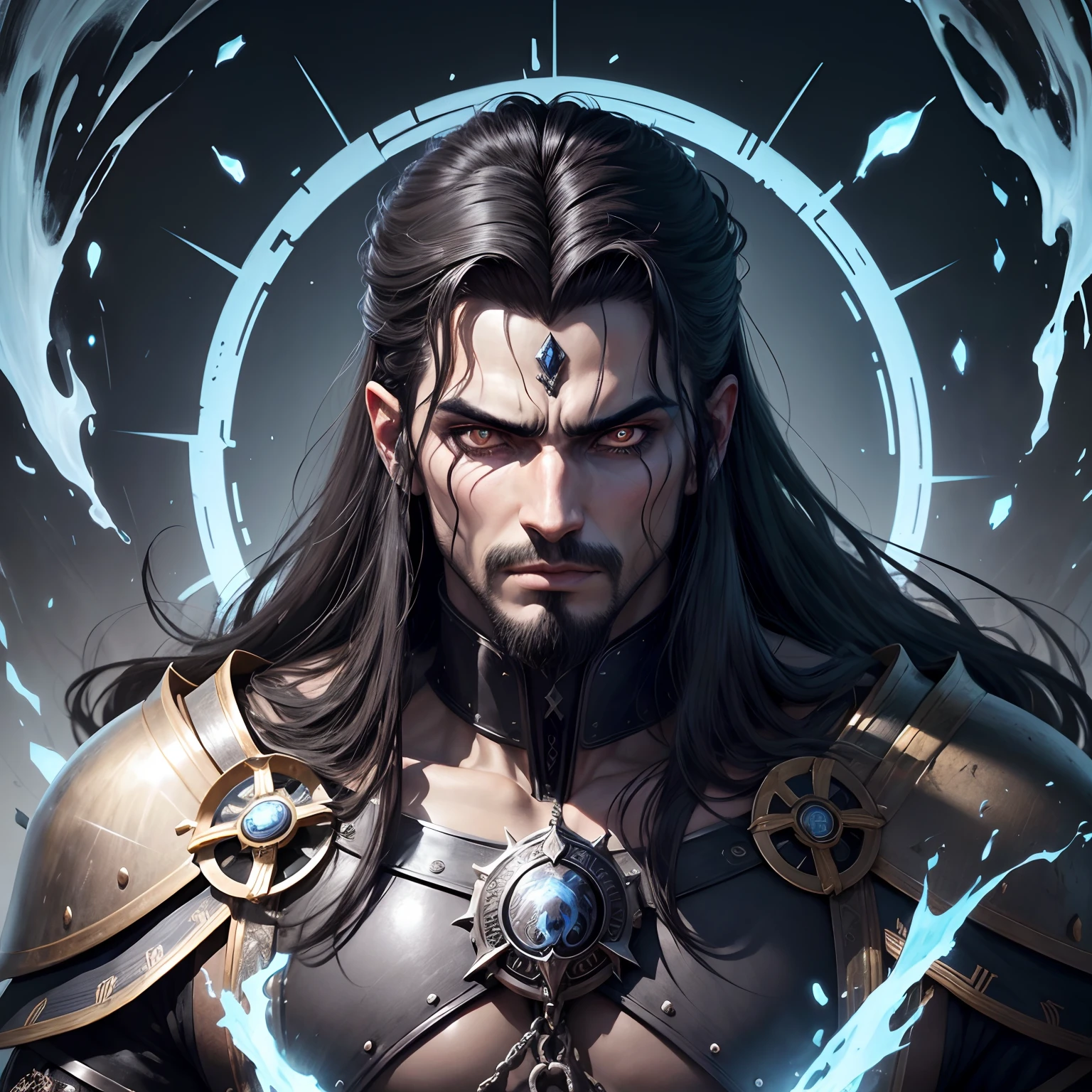 Retrato de Hades, Deus do submundo, cabelos negros, olhos azuis, rosto muito bonito, The Knights of the Zodiac, armadura negra com asas nas costas