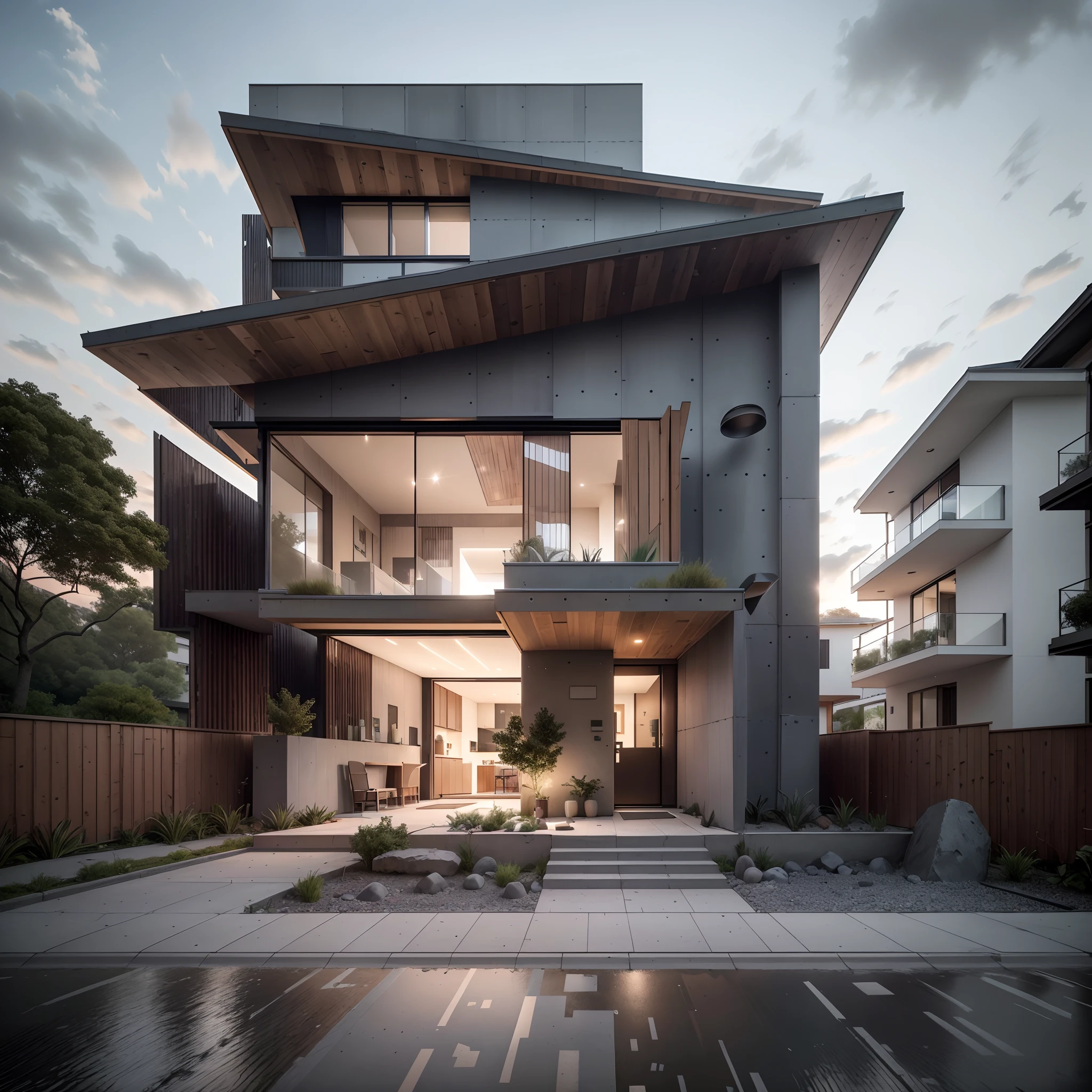 Bauhaus style house, glass and brutalist concrete house with a sloping roof, modern, dynamic (RAW photo, real, best quality, masterpiece:1.2), (hyper realistic, photo-realistic:1.2), high quality, (dark lighting:1.2), dusk, perfect lighting, trending on archdaily
