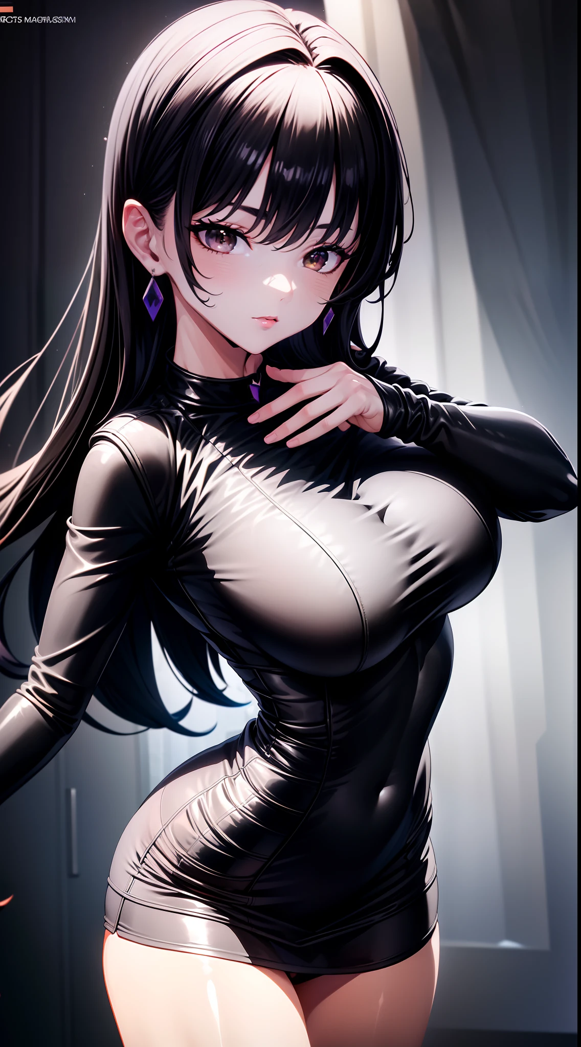 8k, highres, ultra detailed, (masterpiece:1.4), best quality, symmetrical body, (black tight short leather dress:1.4), choker, cute, solo, earrings, long hair, dark purple hair, brown eyes, glow effect, finely eye, detailed face, looking at viewer, seductive face, in the club, angled view, big breasts, seductive look, perfect fingers