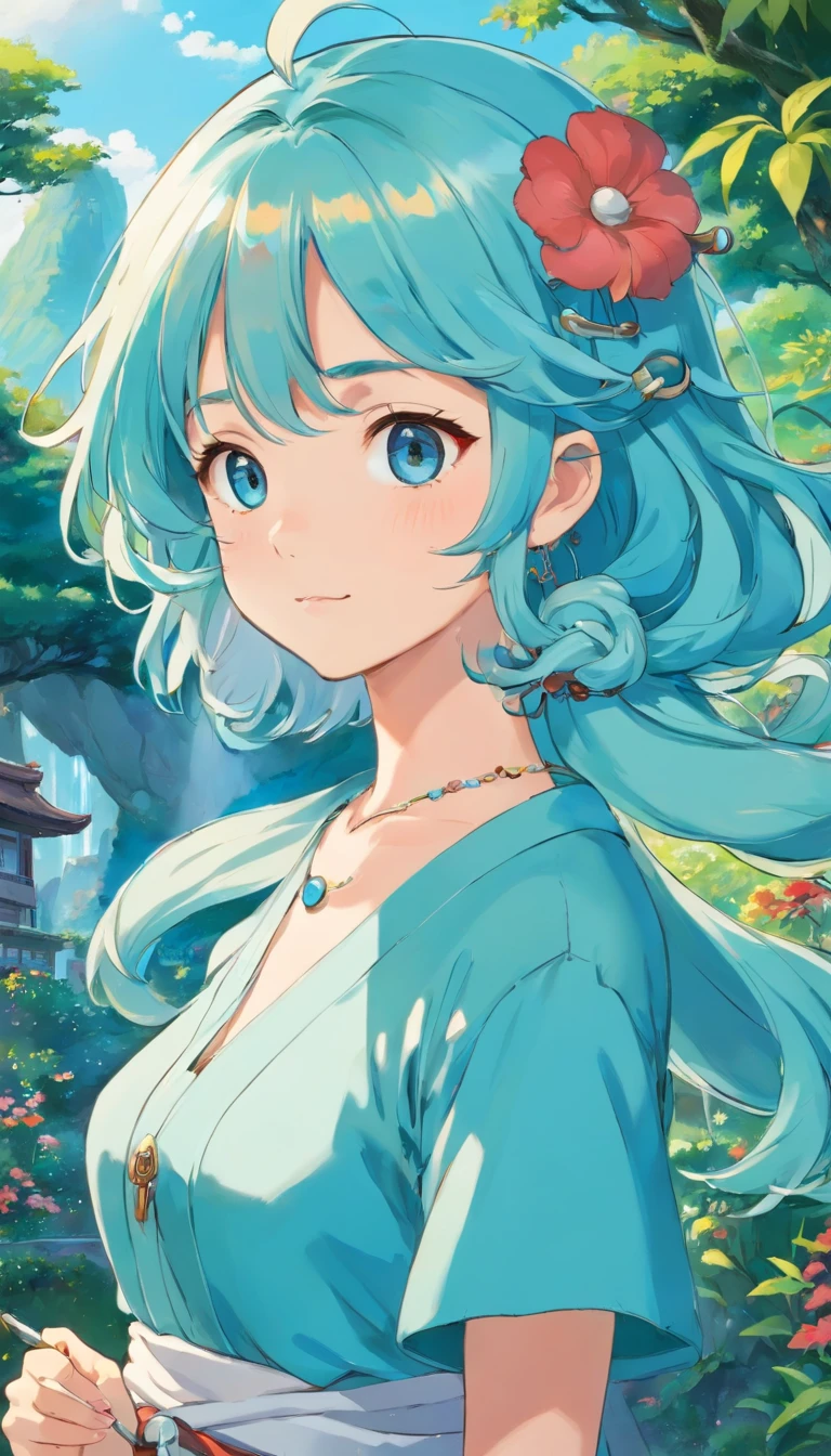 uma menina usando um colar de anime, um colar longo e brincos, no estilo de paisagens de jardim tranquilas, animated color photos, Masami Teraoka, aquamarine, Paulo Gauguin, Estilo Embry, retrato honesto