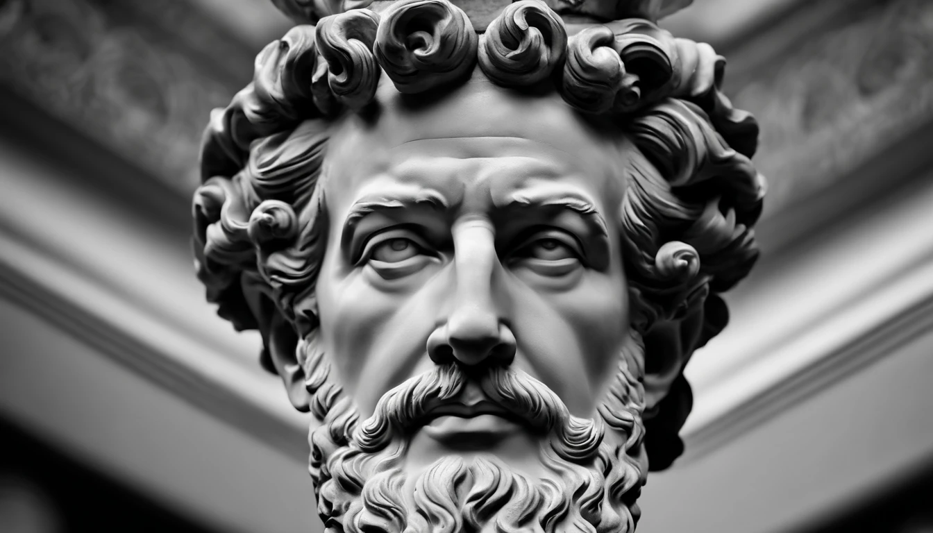 a portrait statue of the stoic Marcus Aurelius in black and white 4K,Face de lado, papel de parede super realista