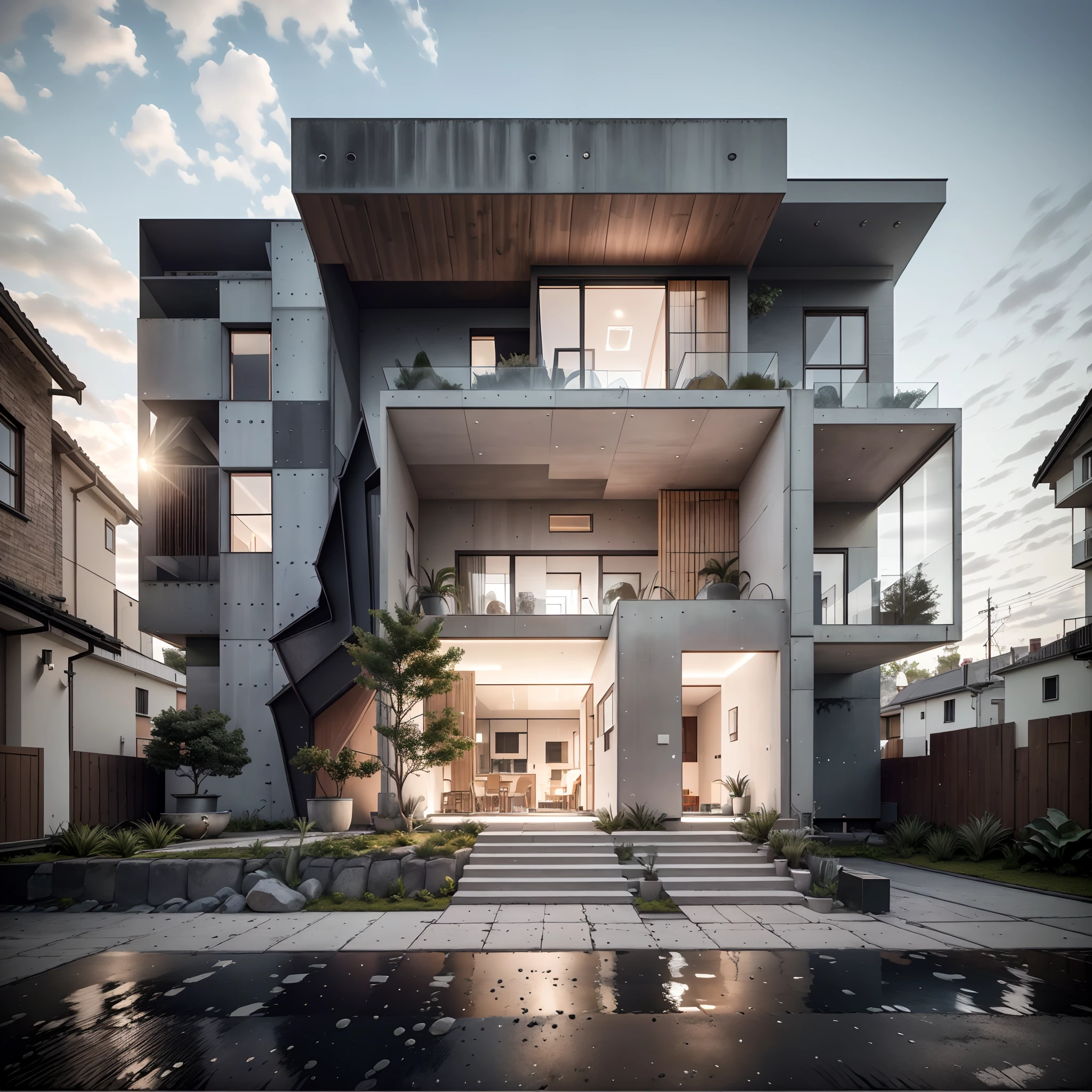 Bauhaus style house, glass and Brutalist concrete house with a sloping roof, modern, dynamic (RAW photo, real, best quality, masterpiece:1.2), (hyper realistic, photo-realistic:1.2), high quality, (dark lighting:1.2), dusk, perfect lighting, trending on archdaily.