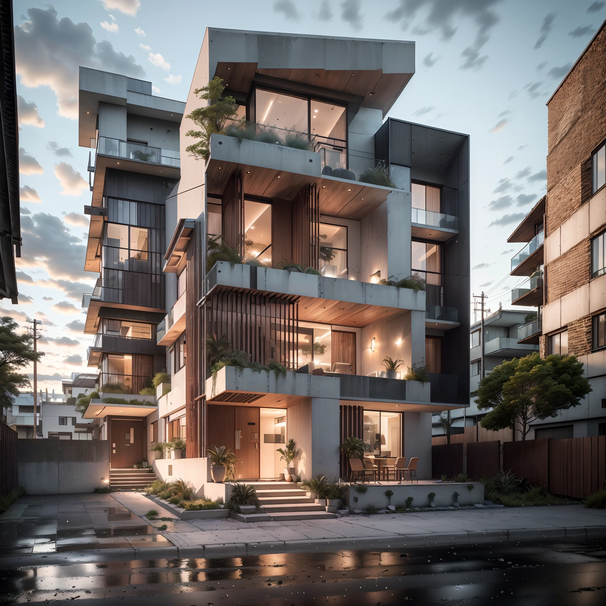 Bauhaus style house, glass and Brutalist concrete house with a sloping roof, modern, dynamic (RAW photo, real, best quality, masterpiece:1.2), (hyper realistic, photo-realistic:1.2), high quality, (dark lighting:1.2), dusk, perfect lighting, trending on archdaily.