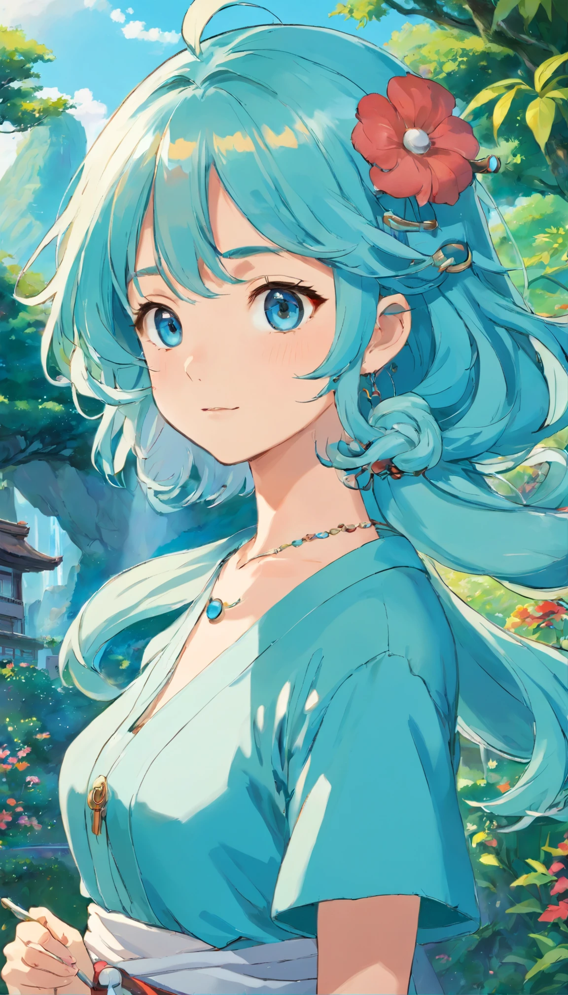 uma usando um colar de anime, um colar longo e brincos, no estilo de paisagens de jardim tranquilas, animated color photos, Masami Teraoka, aquamarine, Paulo Gauguin, Estilo Embry, retrato honesto