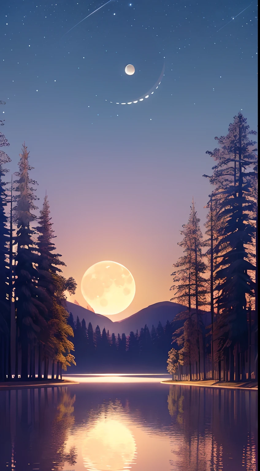 a digital art captures the essence of a serene twilight. The top half is adorned with a gradient of colors, transitioning from a deep indigo at the zenith, slowly fading into a softer lavender, and finally into a warm, rosy pink at the horizon.
(large huge big yellow shinny bright moon in sky:1.4)
Scattered across this canvas are tiny, twinkling stars, their light a gentle contrast to the darkening sky. A crescent moon, in a soft silver hue, hangs low, casting a subtle glow.
The lower half of the wallpaper is a silhouette of a tranquil forest. The trees, varying in size and shape, stand tall and serene, their outlines sharp against the soft hues of the sky. A small, tranquil lake reflects the moonlight, adding a touch of magic.
In the center, a majestic stag stands, its antlers reaching up towards the sky, adding a touch of life to the scene. The overall effect is calming, with a touch of whimsy