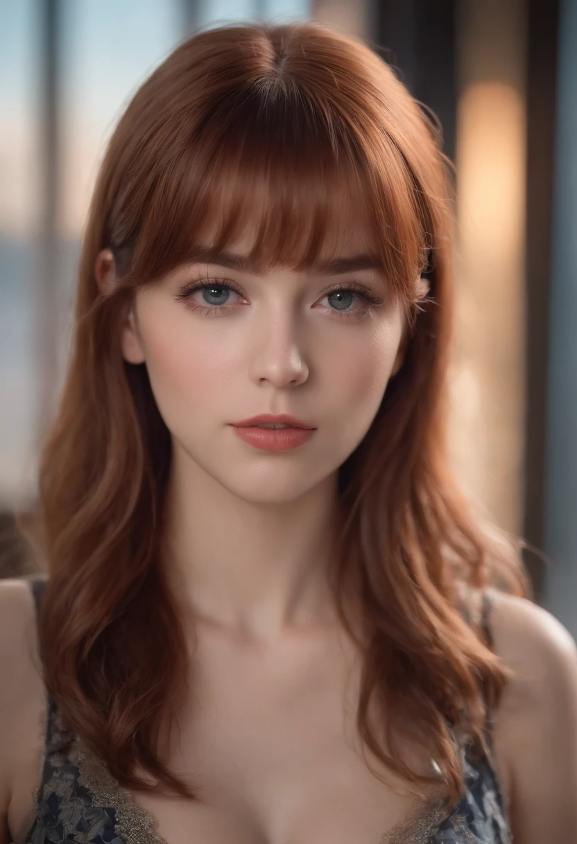 mejor calidad, obra maestra, A super realistic image, Ultra detallado, Piel con textura realista, 4k-resolution, Obro antes, profesional photography, Make a realistic image of a 20-year-old girl with straight hair and red bangs, ojos azules, Cara hermosa y dulce, con tetas medianas y con una blusa negra escotada, en un club nocturno.
