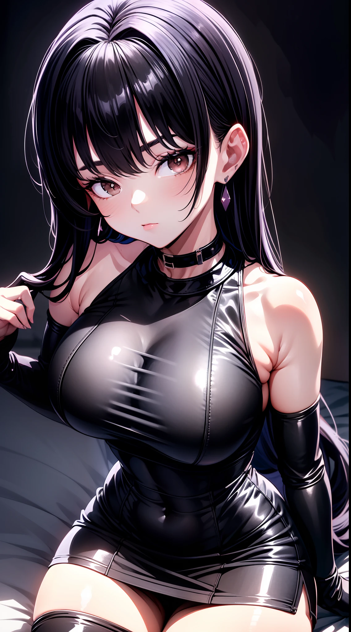 8k, highres, ultra detailed, (masterpiece:1.4), best quality, symmetrical body, (black tight short leather dress:1.4), choker, cute, solo, earrings, long hair, dark purple hair, brown eyes, glow effect, finely eye, detailed face, looking at viewer, horny face, in the club, angled view, big breasts, seductive look, perfect fingers
