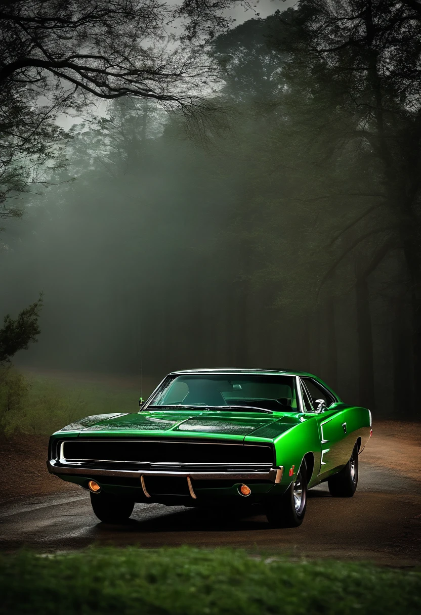 Dodge Charger 70, coche color verde intenso oscuro, Faros encendidos,  Cinematographer,  Camino, raza, Backgraund oscuro