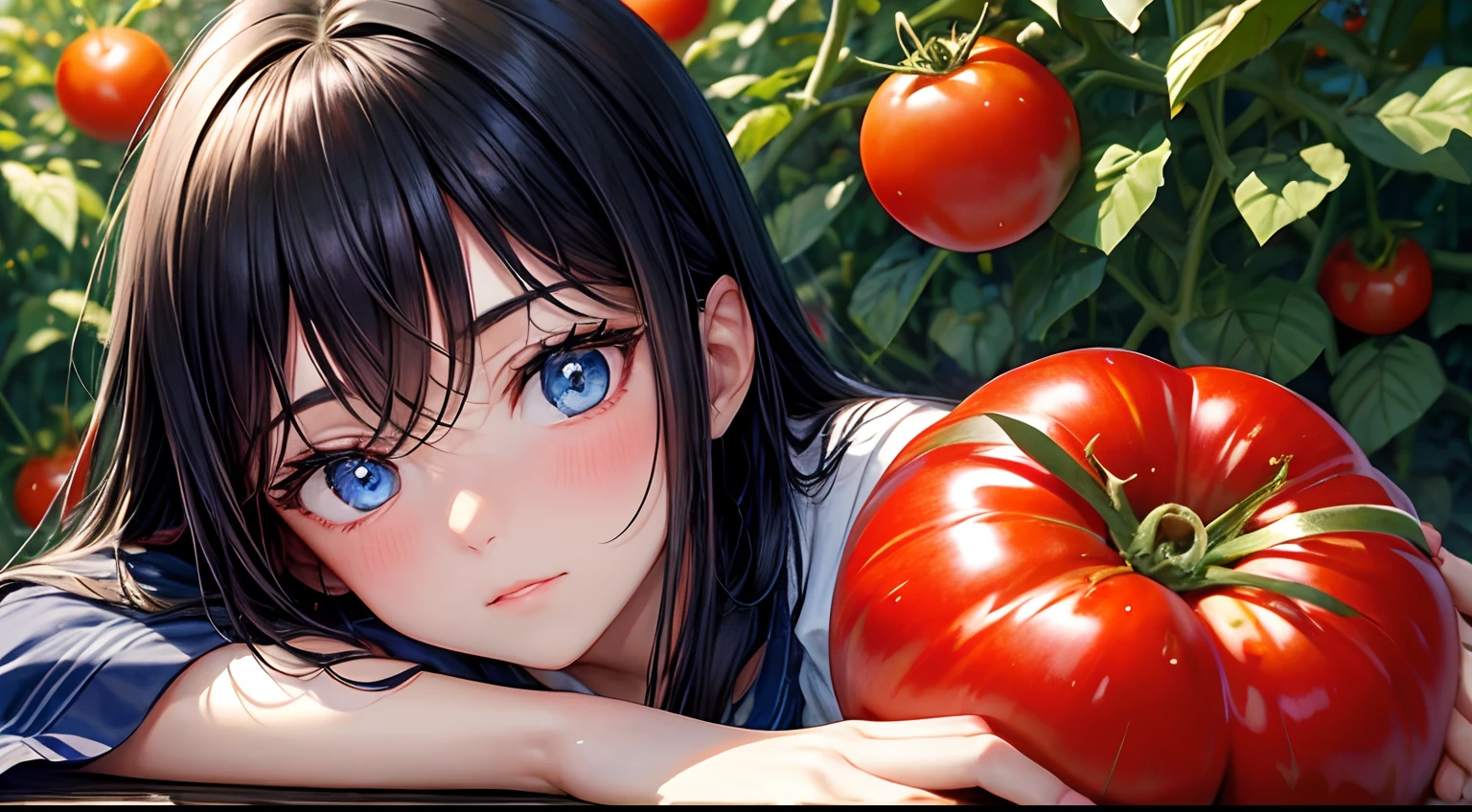blue eyes black hair girl with a pile of tomatoes on a table in a garden, tomatoes, forest gump tomato body, ❤🔥🍄🌪, also tomato, tomato, tomato monster, stunning image, tomatoes hanging on branches, abundant fruition seeds, also one tomato slice, tomato splatter, focus stacking, photoshoot, wonderful masterpiece, tomato sauce, beautiful image, elaborate composition