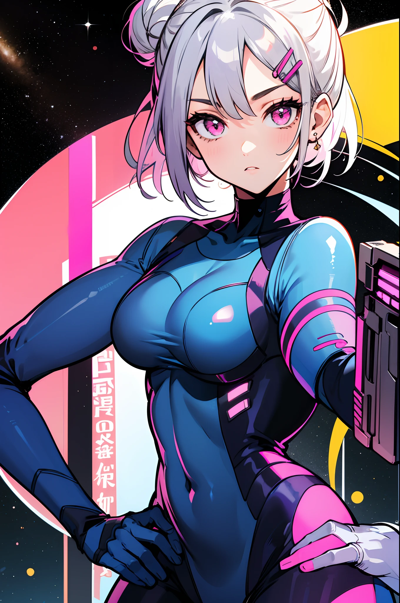 masterpiece, top-quality, Blue bodysuit, The upper part of the body, Look at viewers, Short hairstyle with silver hair and bob, Hair tied in a bun with a hair clip, Pink eyes, have a handgun, Hands on the hips, cosmic space