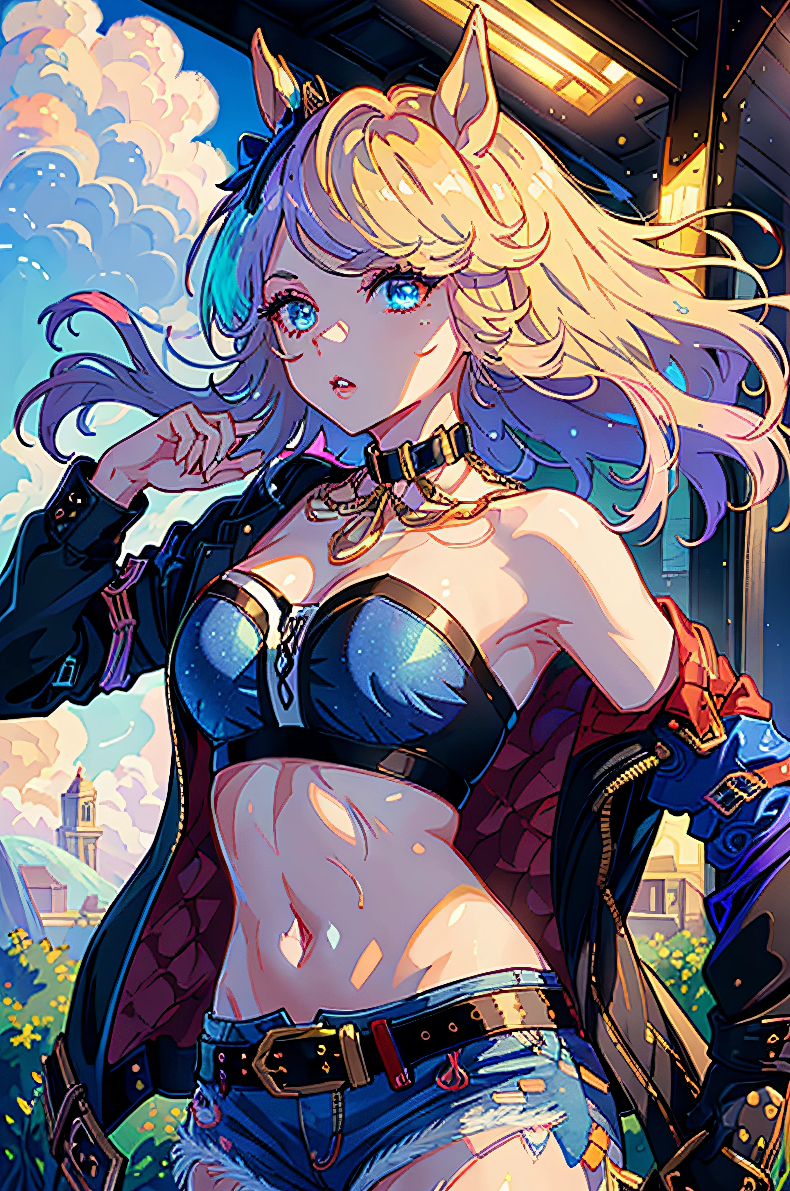 ((masterpiece)),(illustration),(((best quality)),iridescent,
((beautiful detailed girl)), medium breast,upper_body,
(delicate cute face),lovestruck,(iridescent eyes),
((floating_hair)),iridescent,
parted lips, black choker, gold chain, single glove, white gloves, long sleeves, bandeau, cleavage, strapless, tube top, navel, midriff, open jacket, open clothes, white jacket, black belt, denim shorts, cutoffs, mismatched footwear,
,beautiful landscape,
gold city \(umamusume\), modeling shot,