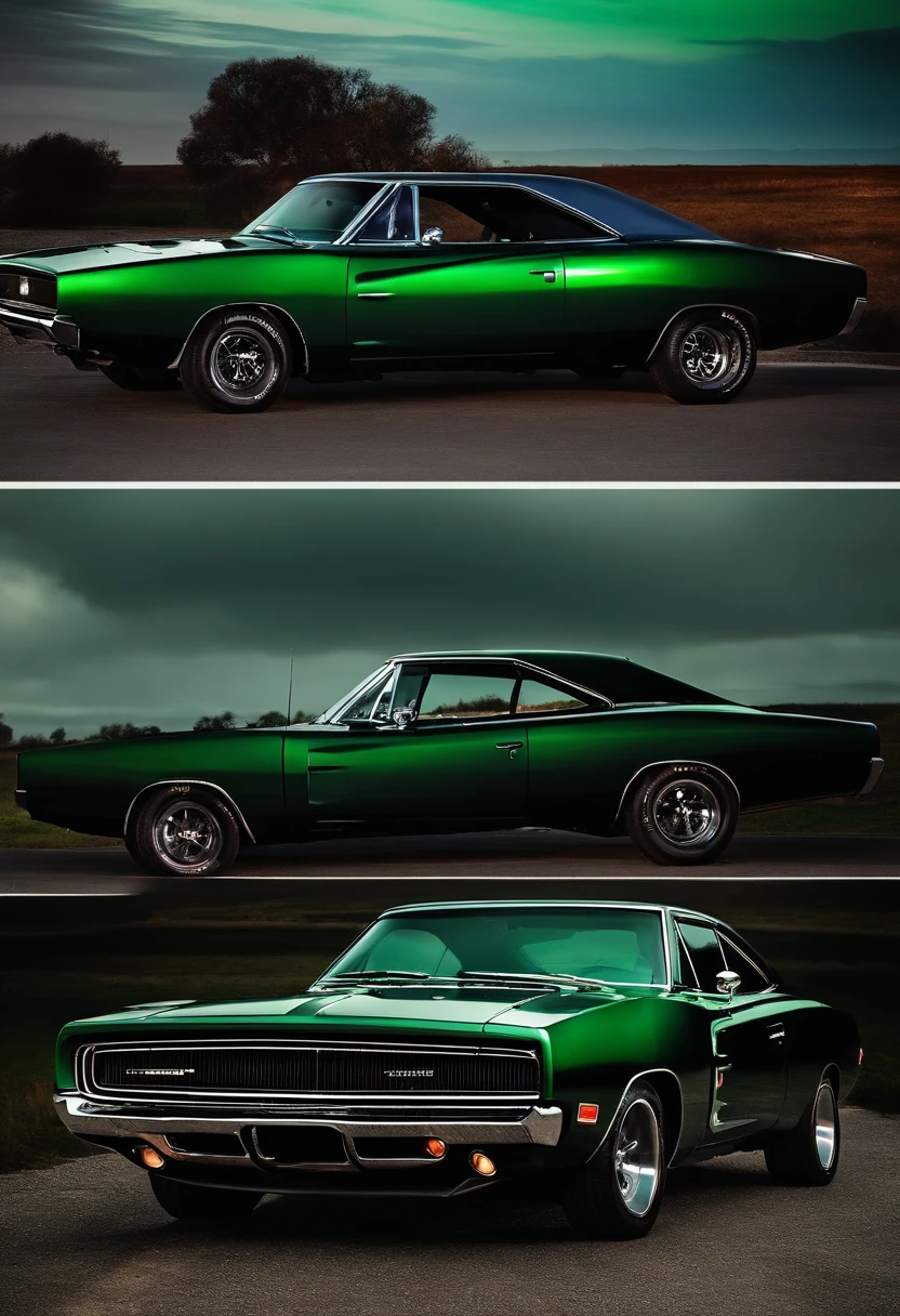 Dodge Charger 23, coche color verde intenso oscuro, Faros encendidos, Cinematographer, Camino, raza, Backgraund oscuro