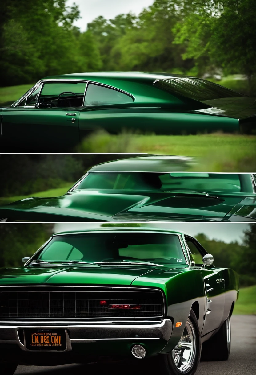 Dodge Charger 23, coche color verde intenso oscuro, Faros encendidos, Cinematographer, Camino, raza, Backgraund oscuro