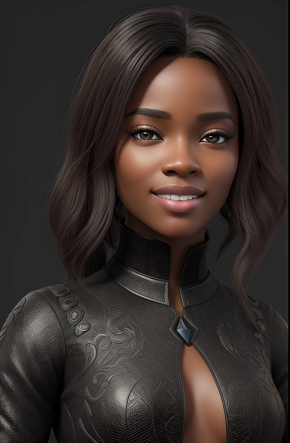Create an ultra-realistic 3D illustration of a black woman with breathtaking natural beauty and natural dark eyes. She is smiling and her face should be perfectly imperfect, with subtle asymmetry that enhances her allure. The illustration should be an 8K fantasy render, featuring an intricately detailed fantasy character. Use ZBrush for a full-color render that accentuates her beauty. The final artwork should be a stunning 3D masterpiece, blending realistic and fantasy elements seamlessly. Employ digital painting techniques to enhance her loveliness and bring out her unique character. Achieve a stylized, highly detailed, and smooth 3D rendering that captures her essence with a CGSetality level of 9, resulting in an ultra-realistic and captivating 3D illustration.