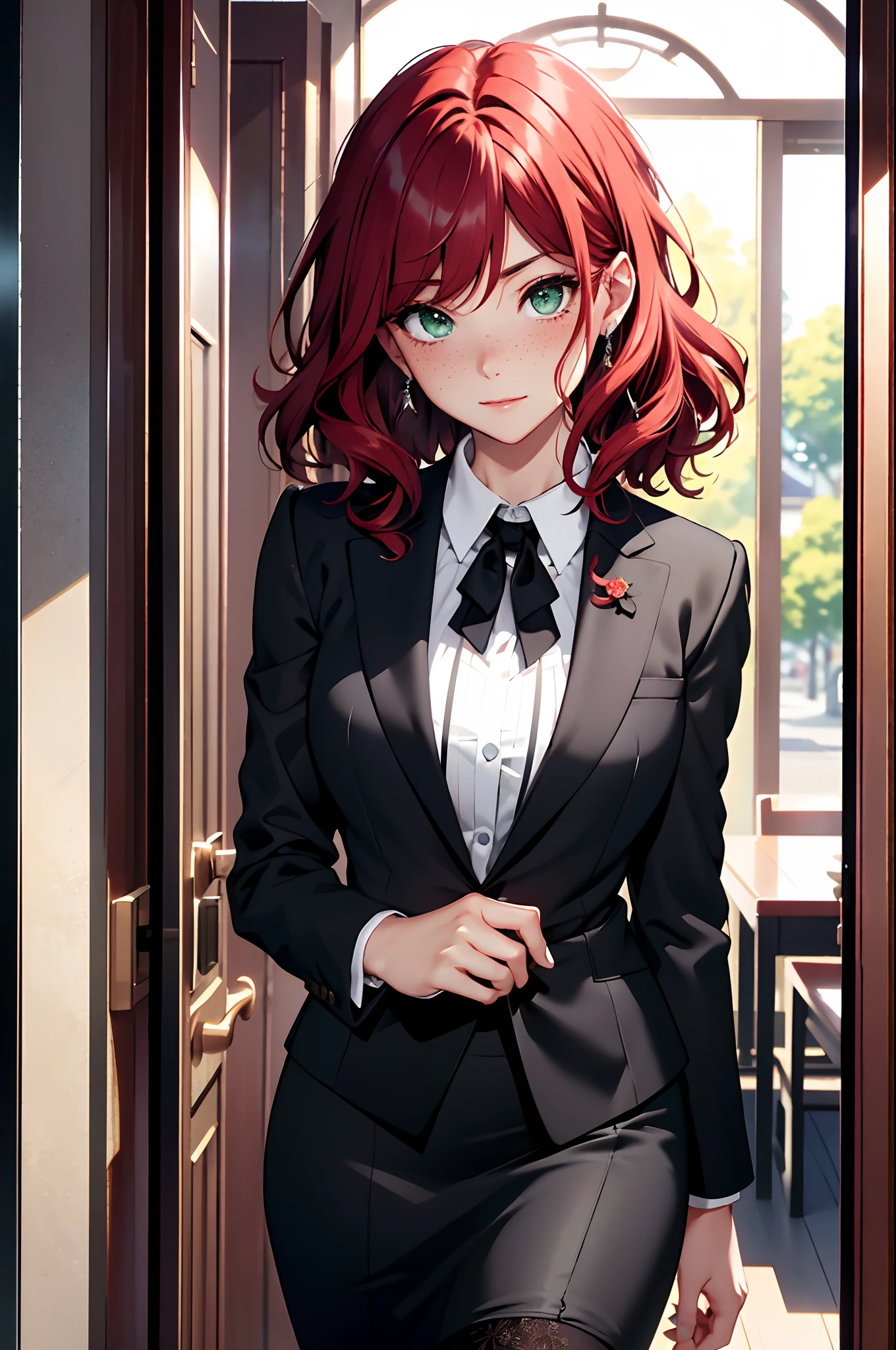 (high quality、masterpiece、CG details、8k、best quality、perfect proportions、good)、(1girl)、female focus、formal redhead woman、short wavy red hair、door、inner door、(welcome home)、medium breasts、wearing a black suit、short black skirt、realistic eyes、realistic face、anime、embarrassed face、blushing woman、regret、perfect hands、close、200m、green eyes、face covered in freckles、beautiful woman 、woman wearing black tie、suit