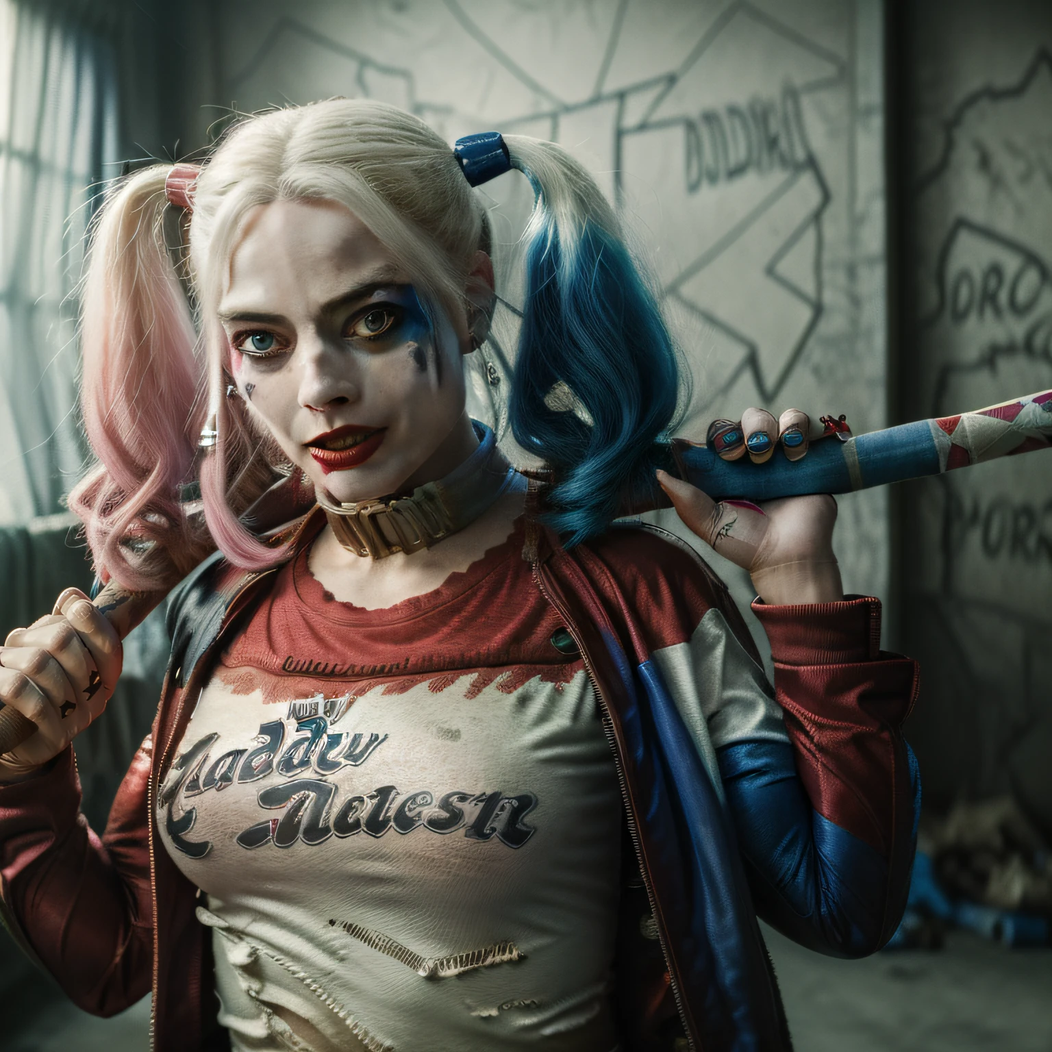 (8k, Foto RAW, La mejor calidad, Obra maestra:1.2), Harley Quinn in the suicide squad holding a baseball bat
