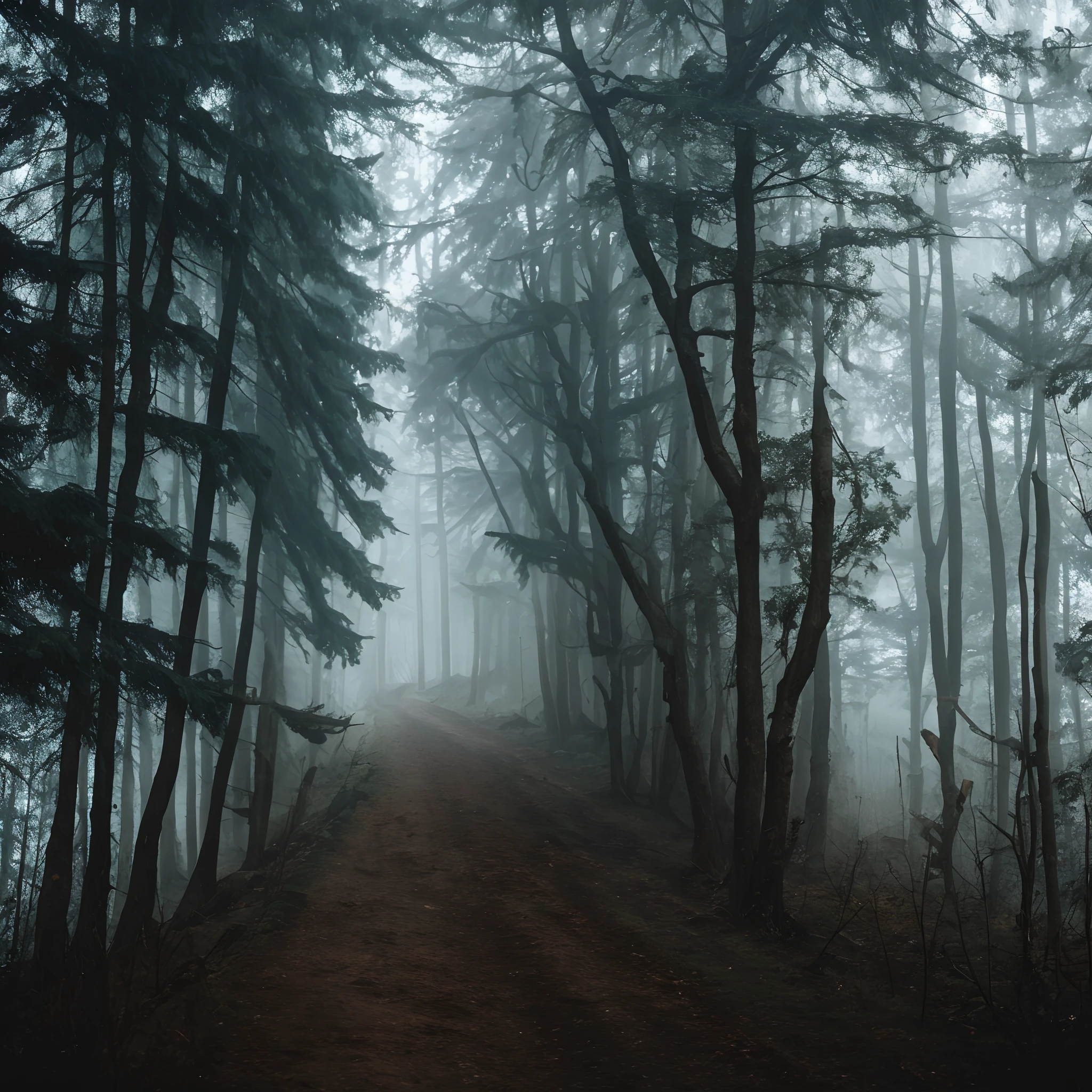 Horror, dark forest, black forest, fog, horror forest, dead trees, dying old grass, forgotten road