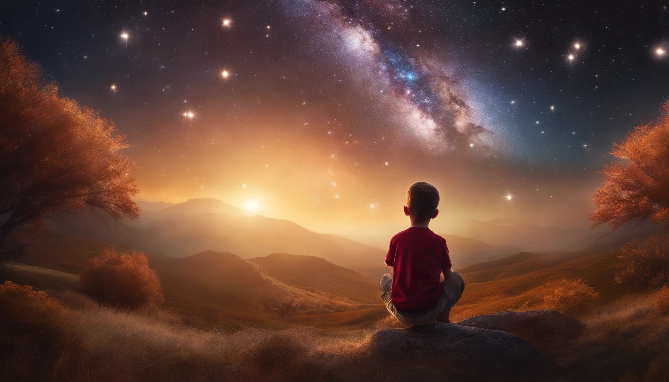 High detail, super detalhe, super high resolution, The boy enjoys his time in the fantasy galaxy, cercado por estrelas, Luz quente brilha sobre ela, The background is the starry sky with colorful galaxies and galactic clouds, Estrelas voavam ao seu redor, rosto delicado, Add a playful vibe , VFX surreal altamente detalhado,OC rendering,Disparo com 70 mm - AR 16:9 --q 2 --s 1000