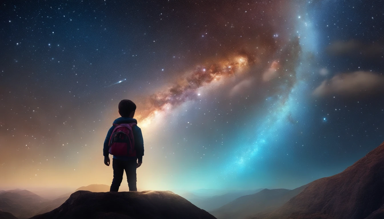 High detail, super detalhe, super high resolution, The boy enjoys his time in the fantasy galaxy, cercado por estrelas, Luz quente brilha sobre ela, The background is the starry sky with colorful galaxies and galactic clouds, Estrelas voavam ao seu redor, rosto delicado, Add a playful vibe , VFX surreal altamente detalhado,OC rendering,Disparo com 70 mm - AR 16:9 --q 2 --s 1000