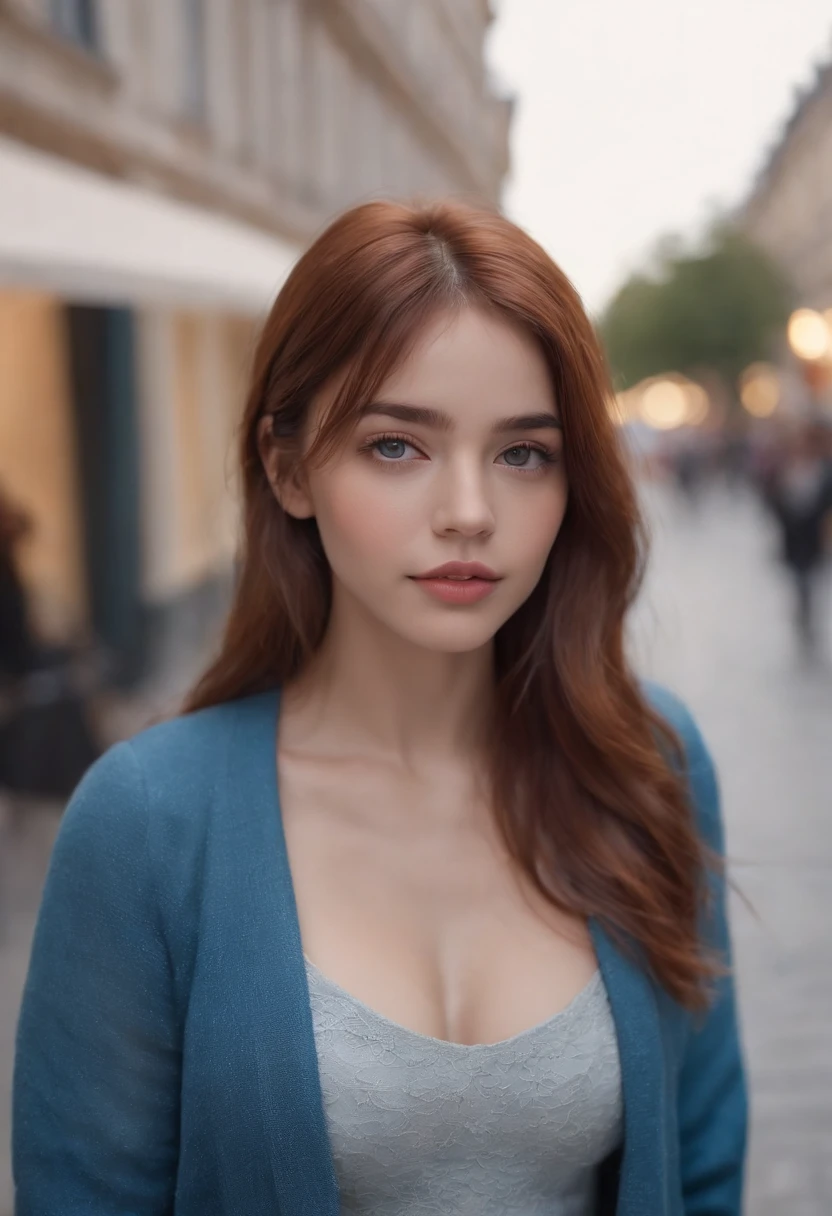 mejor calidad, obra maestra, A super realistic image, Ultra detallado, Piel con textura realista, 4k-resolution, Obro antes, profesional photography, Make a realistic image of a 20-year-old girl with straight hair and red bangs, ojos azules, Cara hermosa y dulce, con tetas medianas, usando una chaqueta azul en el centro comercial