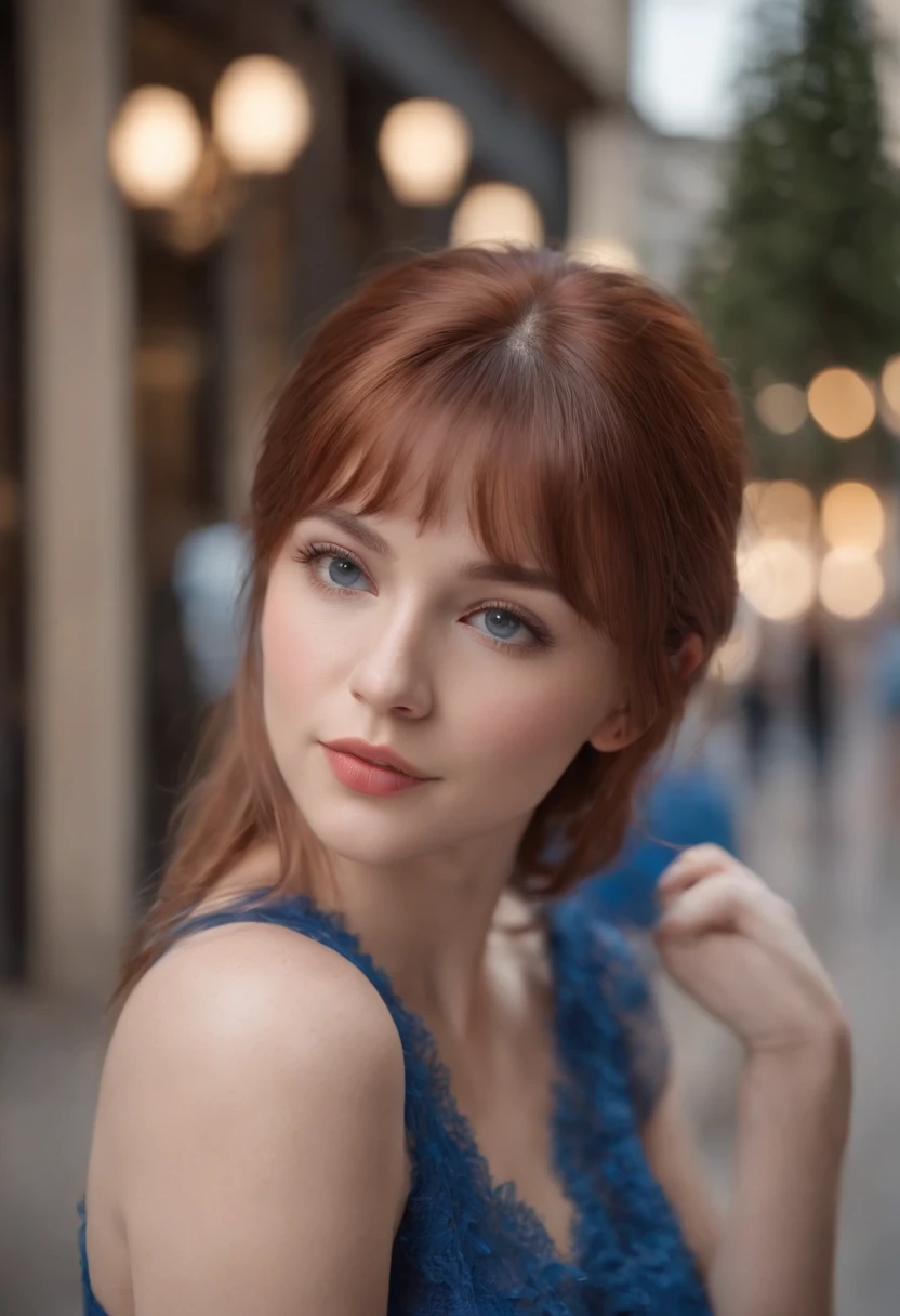mejor calidad, obra maestra, A super realistic image, Ultra detallado, Piel con textura realista, 4k-resolution, Obro antes, profesional photography, Make a realistic image of a 20-year-old girl with straight hair and red bangs, ojos azules, Cara hermosa y dulce, con tetas medianas, usando una chaqueta azul en el centro comercial