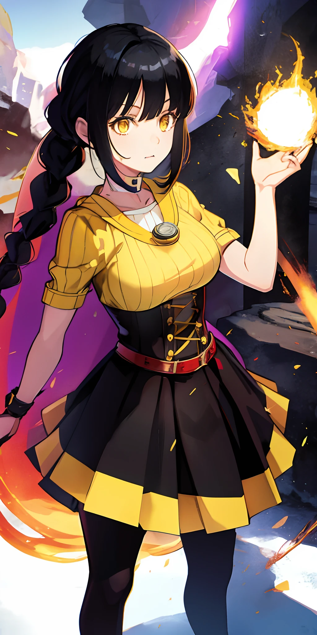 1girl, black hair, yellow eyes, long braided pigtail, fire witch, blood, light particles, light rays, wallpaper, high contrast, colorful,