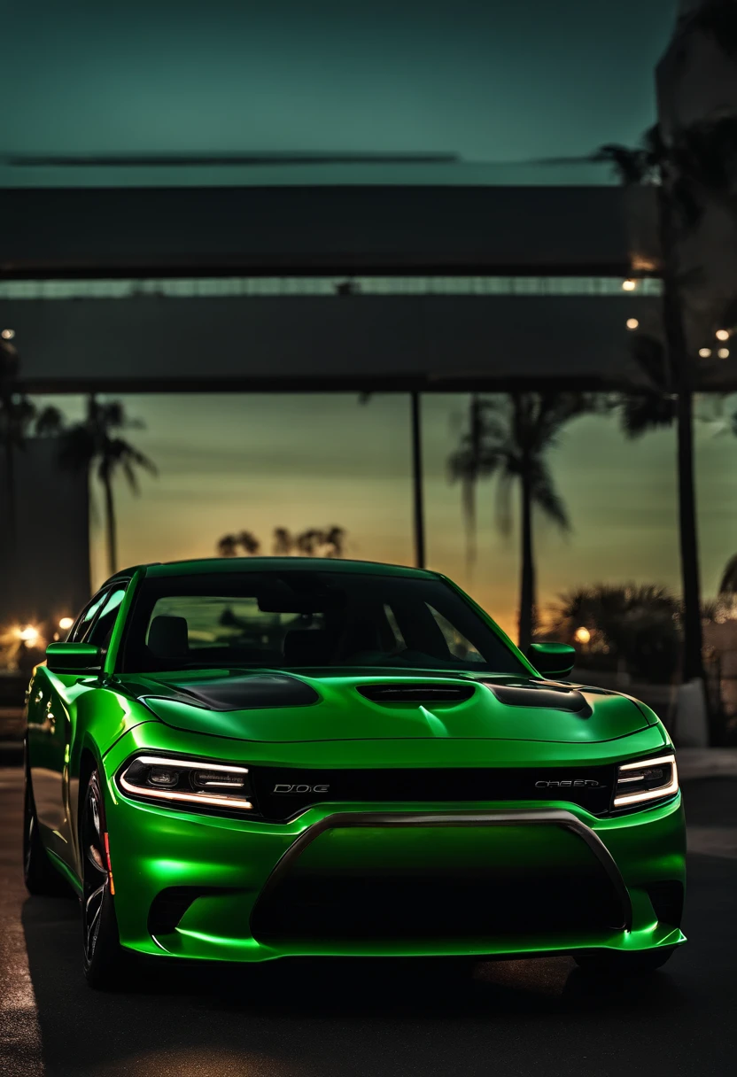 Dodge Charger 2022, coche color verde intenso oscuro, Faros encendidos, Cinematographer, Camino, raza, Backgraund oscuro