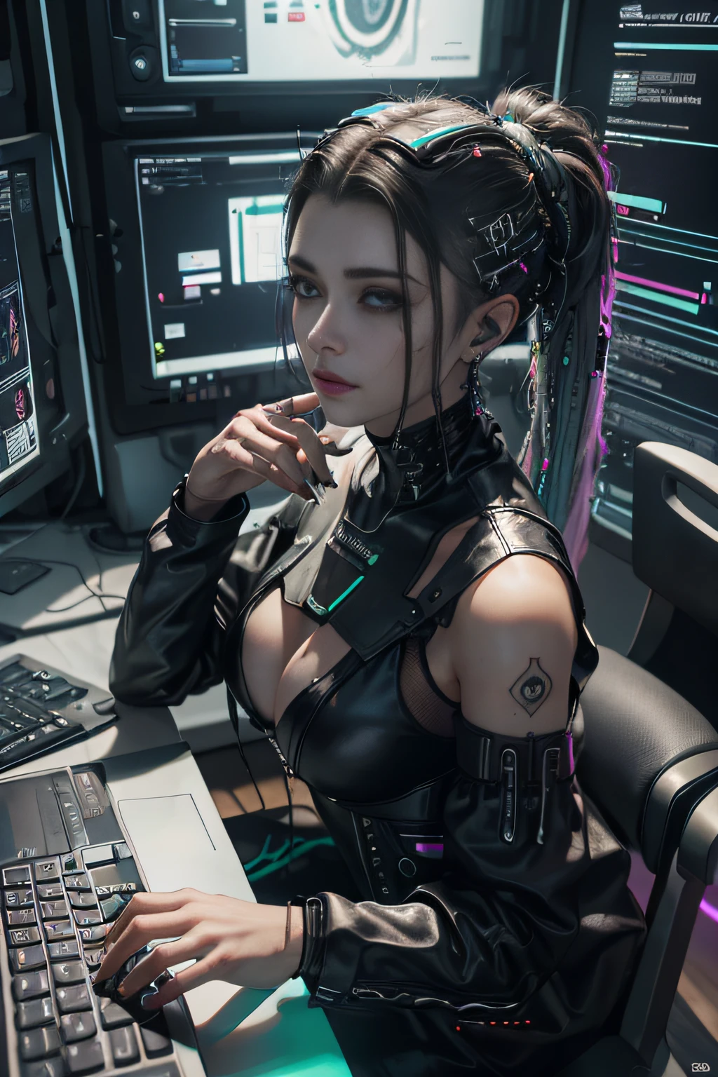 HDR , ((Melhor qualidade)), ((obra-prima)), (altamente detalhado:1.3), 3D, bela (cyberpunk:1.3) hacker mulher com cabelo volumoso grosso , operando um terminal de computador , 8k