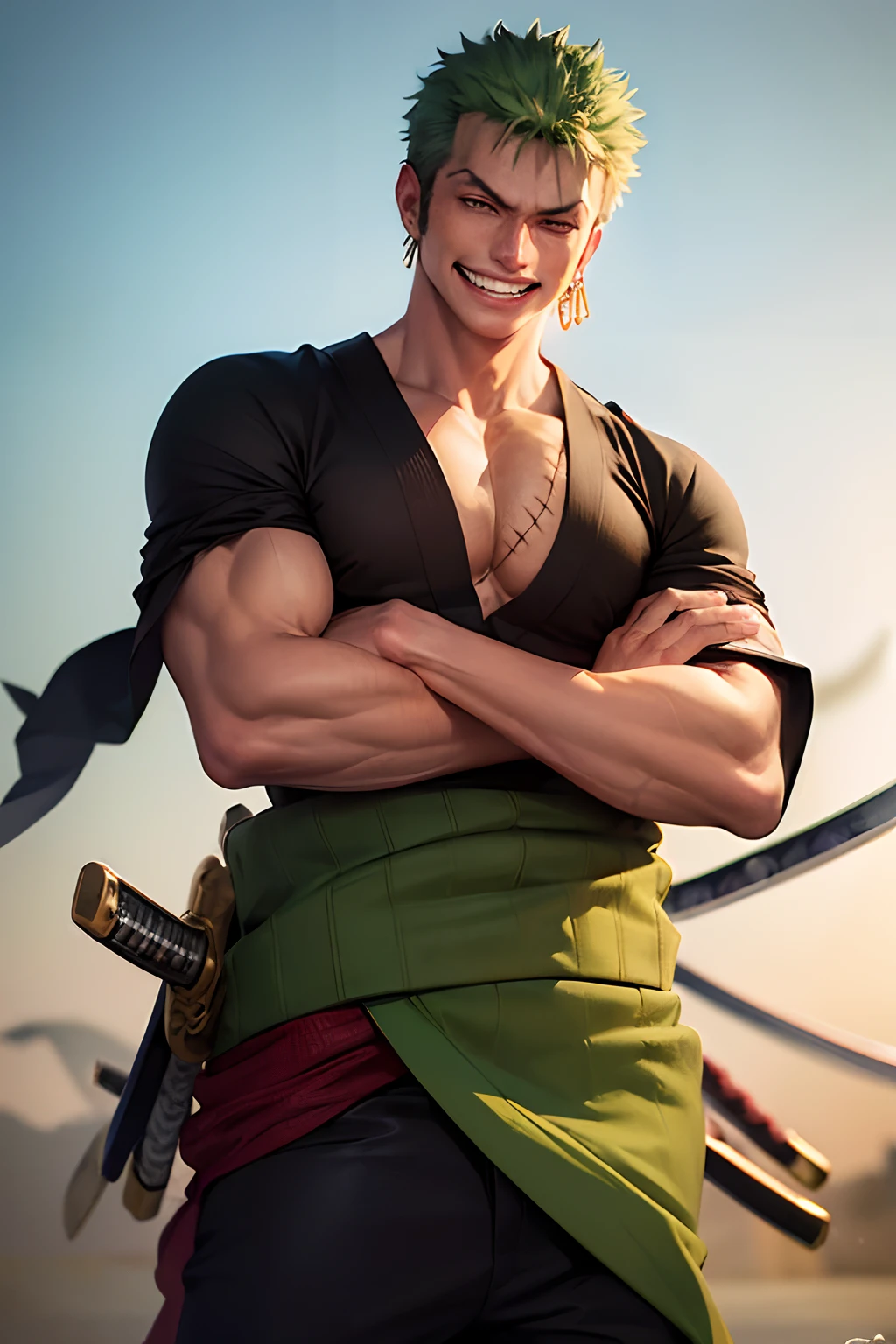 (masterpiece, best quality:1.2), cowboy shot, solo, male focus, 1boy, roronoa zoro, scar, muscular male, grin, looking at viewer, (dual wielding:1.2) katanas, crossed arms, japanese clothes, green kimono