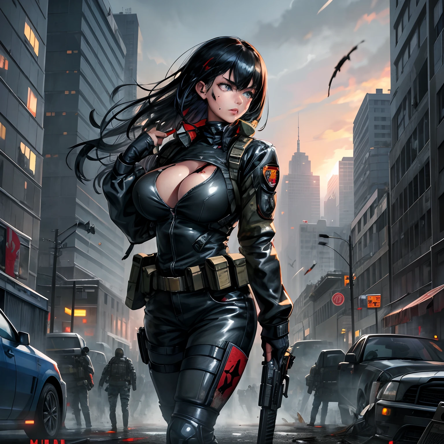 The most beautiful and sexy special forces girl, black hair, blue eyes, wearing highly detailed special forces tactical gear, huge gigantic tits, cleavage showing, battling her way through a zombie apocalypse, action packed scene, high-octane action scene, incredibly cinematic, metal fragments and bullet shell casings blowing in the wind, blood splattered, post apocalyptic city, zombie apocalypse, highly detailed background, perfect masterpiece, high quality, high resolution