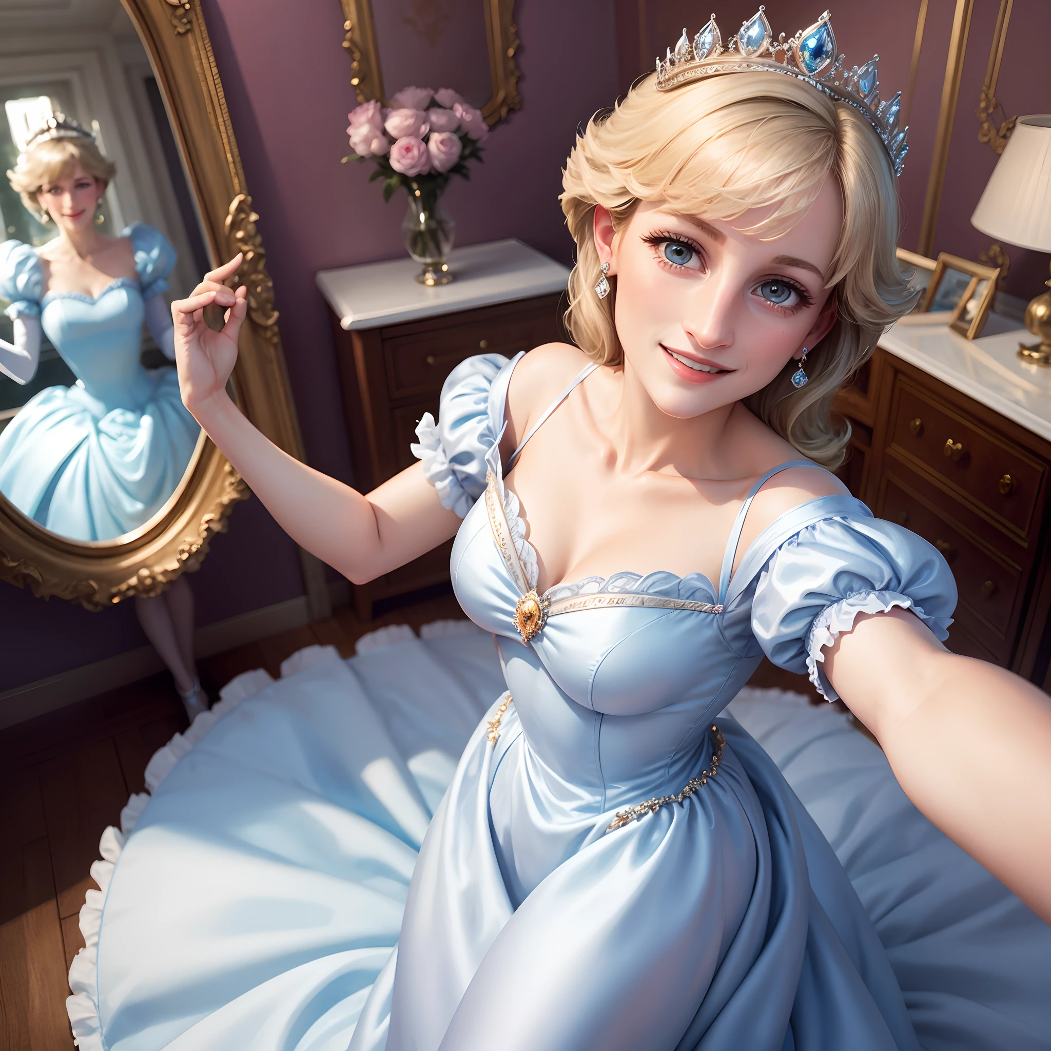 princess diana, pretty, perfect face, thin, wearing a satin disney cinderella dress, highangle selfie, smiling, happy, in a girls bedroom, satin