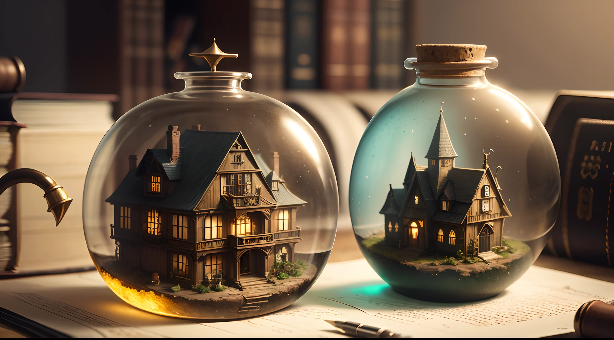Busy fantasy village inside glass bottle sitting on antique writing desk