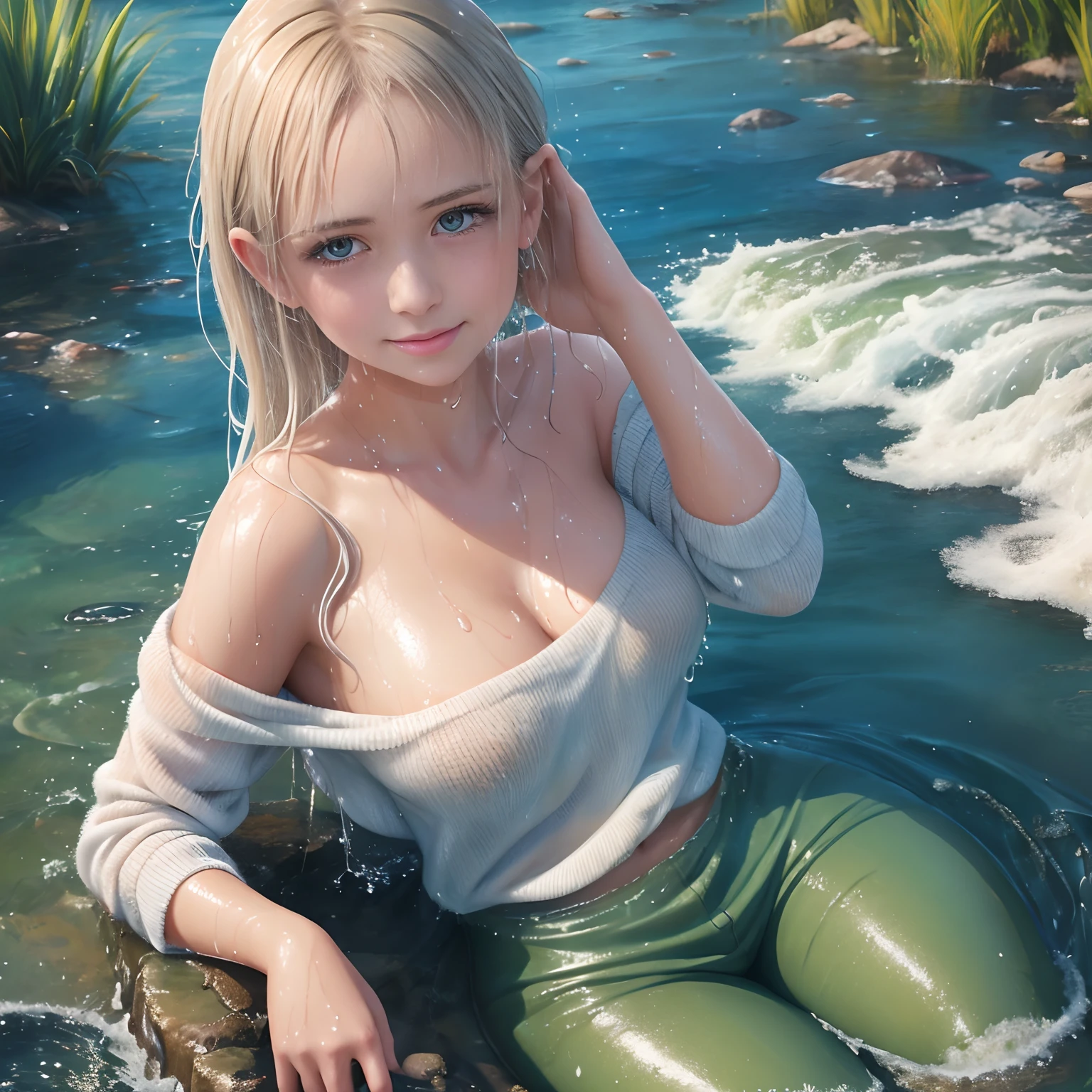 29 yo woman sitting in the water, layered clothing, (pullover), (off the shoulder), (cotton pants), bright clothes, glistening wet, closeup fantasy with water magic, beautiful maiden, slim body, chilly, cold water pond, sunlight, smile, wearing clothes made of water, realistic oil painting, dripping wet, in water up to her shoulders, winter clothes, beautiful realistic photo, nymph in the water, hyperrealist portrait in a river, hyperrealistic fantasy photo, splashing, realistic fantasy painting, cute shot, narrow depth of field, 8k, ((drenched)), ((soaked)), ((dripping water)), ((goosebumps)), cool, muted tones, bare horizons, dripping oil, heavy clothes, soaked in oil, wet all over, wet dripping hair, varied poses, wet hair