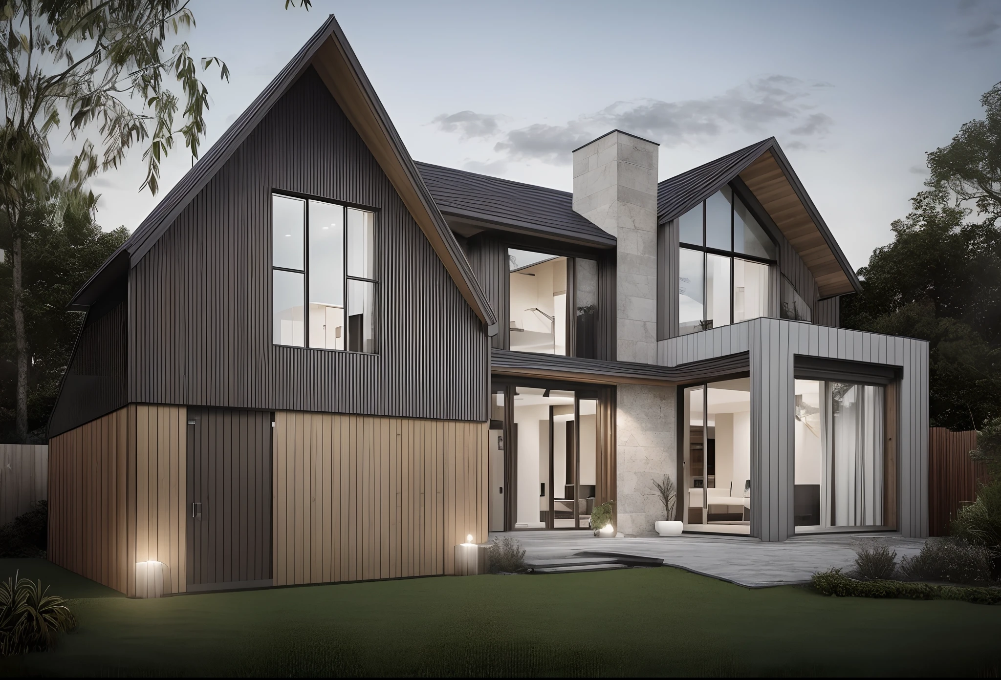 4k, gable roof, modern Scandinavian house, floor-to-ceiling windows, smooth limestone accents, wood accents, exterior design, award winning render, contemporary house, a photorealistic rendering, fully detailed render, large modern residence