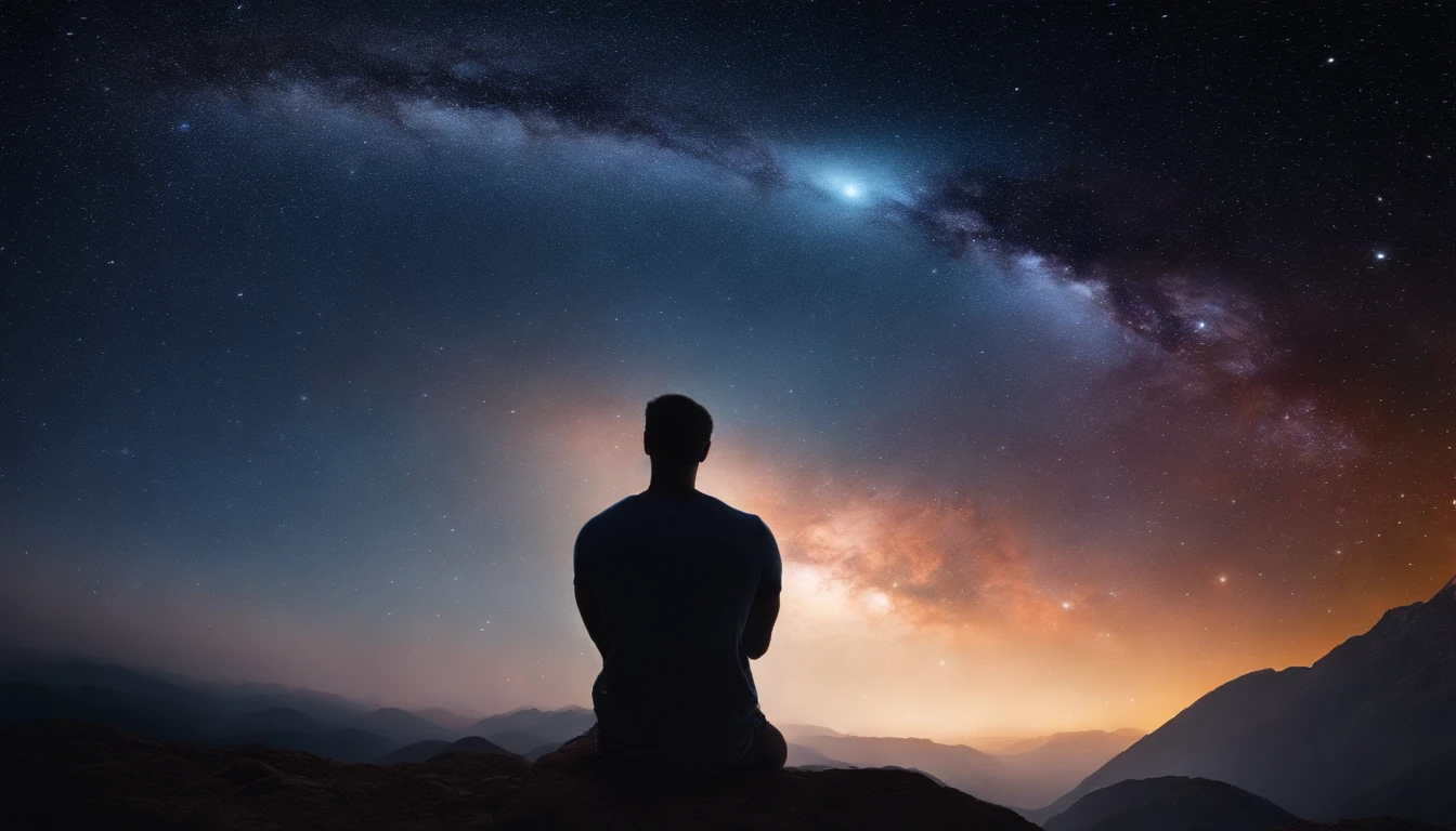 High detail, super detalhe, super high resolution, Man enjoys his time in the fantasy galaxy, ele esta de frente, cercado por estrelas, Luz quente brilha sobre ela, The background is the starry sky with colorful galaxies and galactic clouds, Estrelas voavam ao seu redor, rosto delicado, Add a playful vibe , VFX surreal altamente detalhado,OC rendering,Disparo com 70 mm - AR 16:9 --q 2 --s 1000