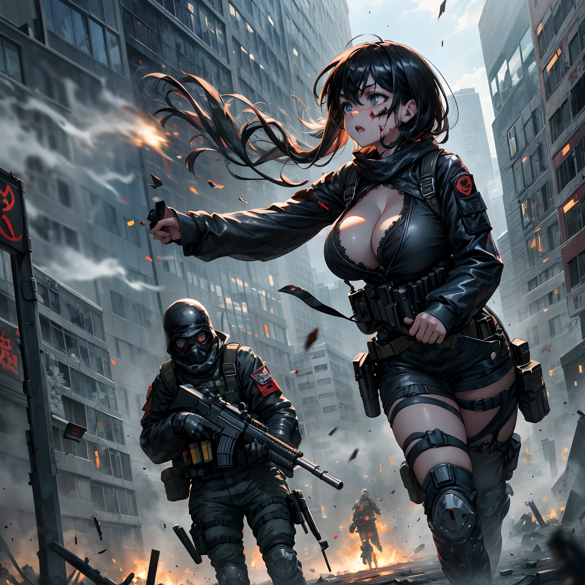 The most beautiful and sexy special forces girl, black hair, blue eyes, wearing highly detailed special forces tactical gear, huge gigantic tits, cleavage showing, battling her way through a zombie apocalypse, action packed scene, high-octane action scene, incredibly cinematic, metal fragments and bullet shell casings blowing in the wind, blood splattered, post apocalyptic city, zombie apocalypse, highly detailed background, perfect masterpiece, high quality, high resolution