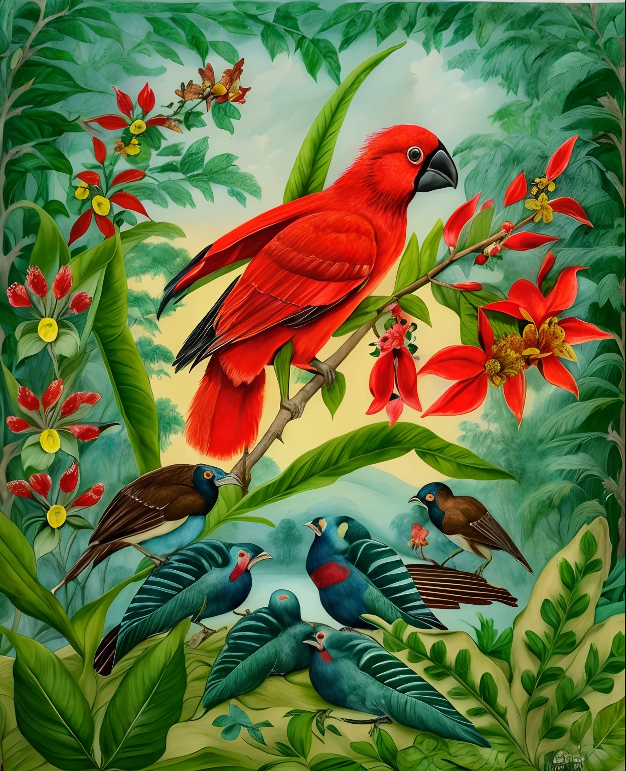 pintura de um papagaio vermelho empoleirado em um galho de uma planta, inspirado em Marianne North, inspirado em Maria Sibylla Merian, Jane Newland, inspirado em Gillis d'Hondecoeter, inspirado em John James Audubon, Cores e detalhes ricos, Catarina Nolin, inspirado em Melchior d'Hondecoeter, inspired by Théodore Rousseau