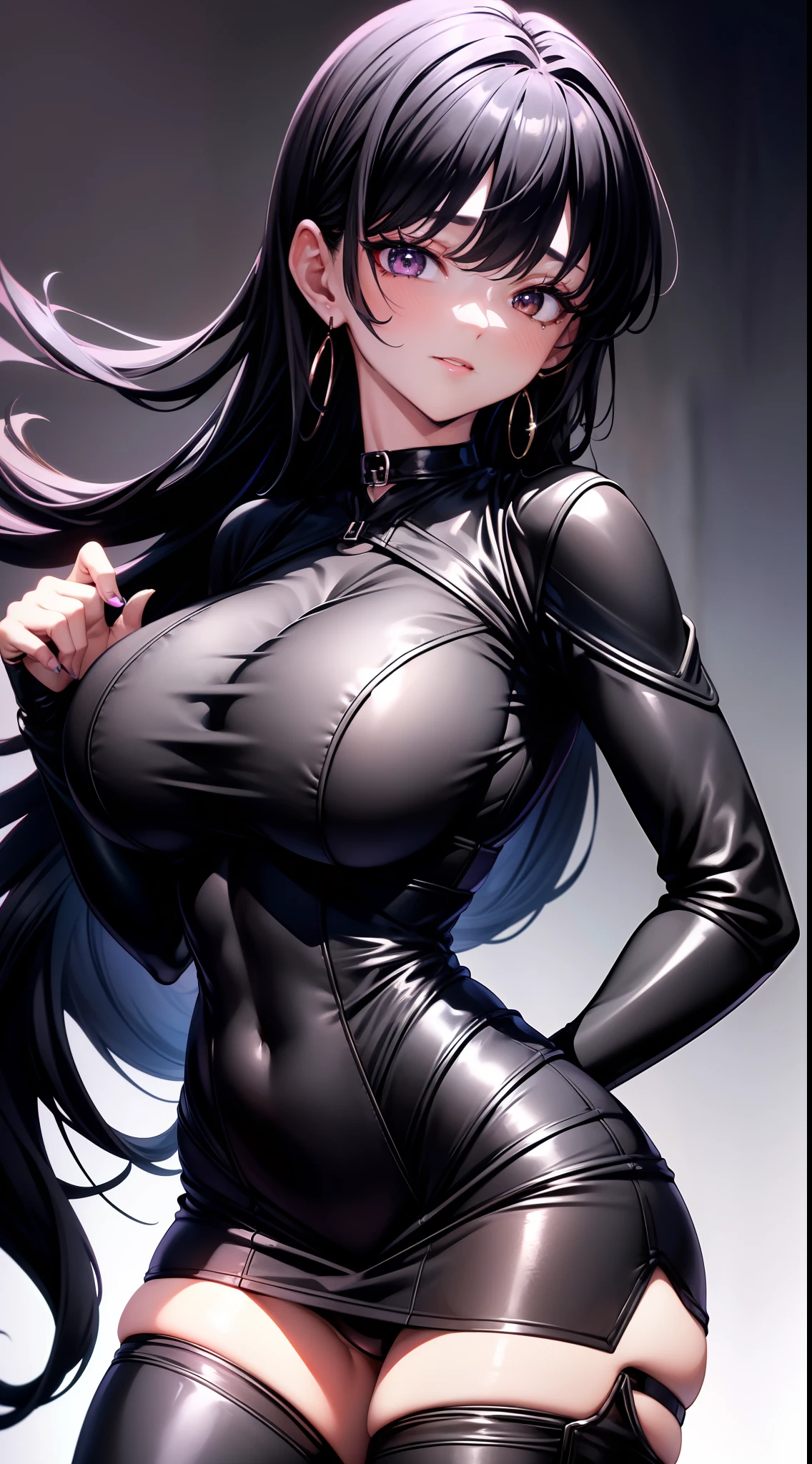 8k, highres, ultra detailed, (masterpiece:1.4), best quality, symmetrical body, (black tight short leather dress:1.4), choker, cute, solo, earrings, long hair, dark purple hair, brown eyes, glow effect, finely eye, detailed face, looking at viewer, horny face, in the club, angled view, big breasts, seductive look, perfect fingers