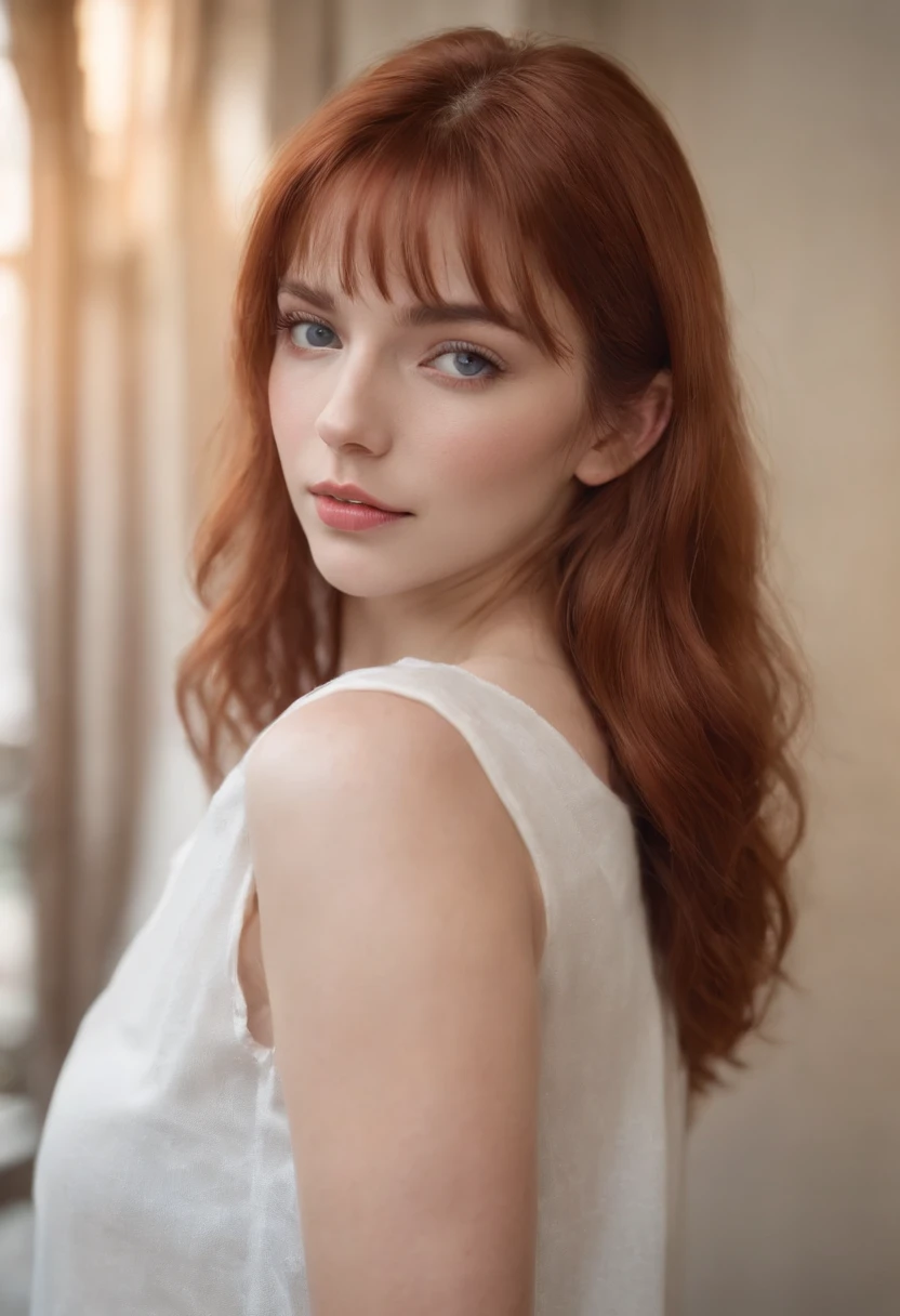 mejor calidad, obra maestra, A super realistic image, Ultra detallado, Piel con textura realista, 4k-resolution, Obro antes, Make a realistic image of a 20-year-old girl with straight hair and red bangs, ojos azules, Cara hermosa y dulce, con tetas medianas, usando una camiseta blanca en el autobbus.