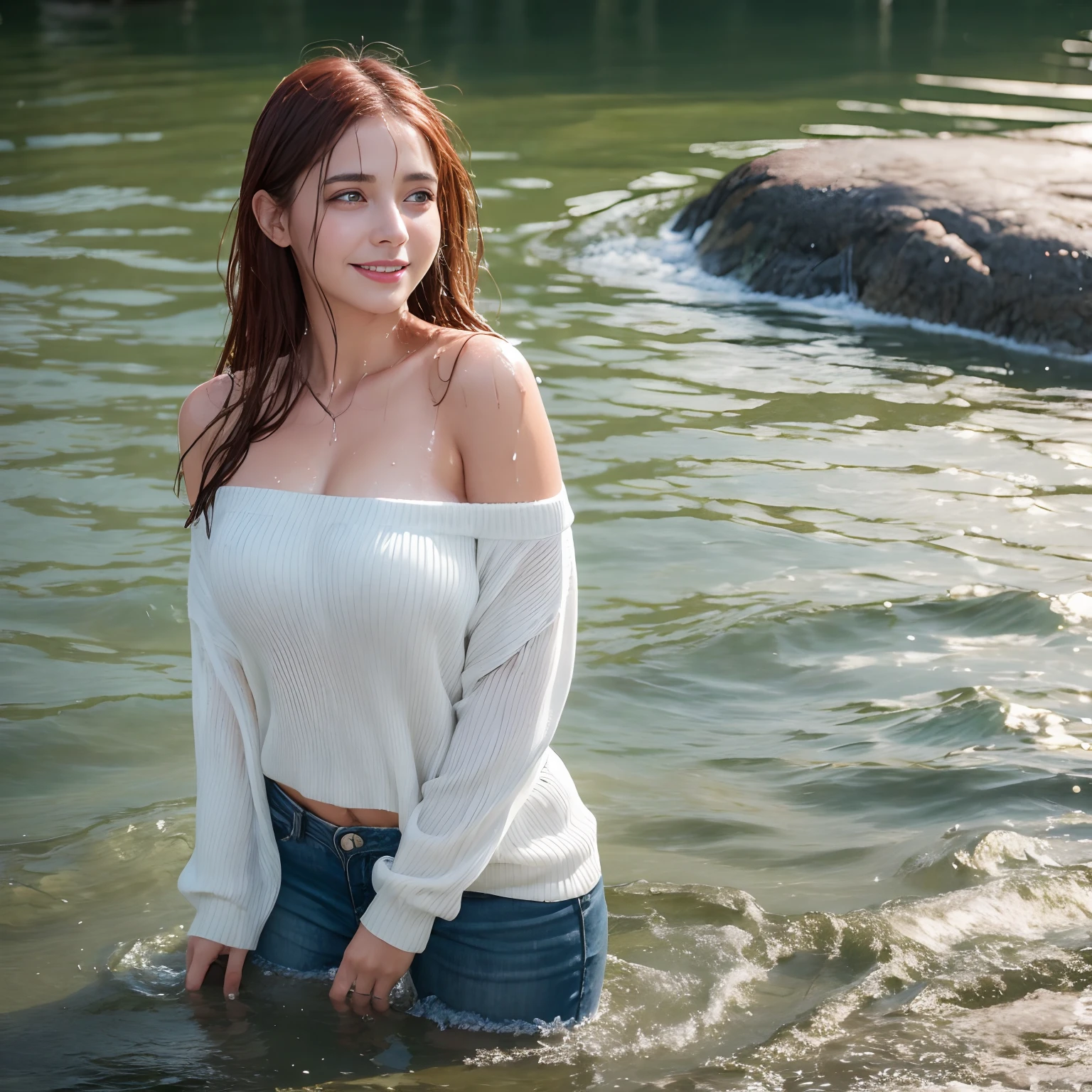 29 yo woman standing in the water, layered clothing, (pullover), (off the shoulder), (cotton pants), bright clothes, glistening wet, closeup fantasy with water magic, beautiful maiden, curvy body, chilly, auburn hair, cold water pond, sunlight, smile, wearing clothes made of water, realistic oil painting, dripping wet, in water up to her shoulders, winter clothes, beautiful realistic photo, nymph in the water, hyperrealist portrait in a river, hyperrealistic fantasy photo, splashing, realistic fantasy painting, cute shot, narrow depth of field, 8k, ((drenched)), ((soaked)), ((dripping water)), ((goosebumps)), cool, muted tones, bare horizons, dripping oil, heavy clothes, soaked in oil, wet all over, wet dripping hair, varied poses, wet hair