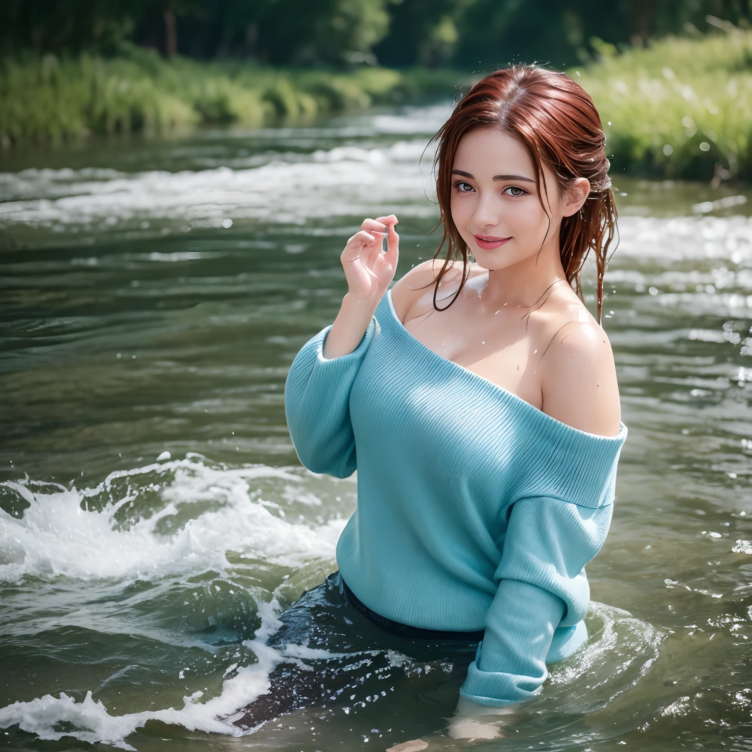 29 yo woman standing in the water, layered clothing, (pullover), (off the shoulder), (cotton pants), bright clothes, glistening wet, closeup fantasy with water magic, beautiful maiden, curvy body, chilly, auburn hair, cold water pond, sunlight, smile, wearing clothes made of water, realistic oil painting, dripping wet, in water up to her shoulders, winter clothes, beautiful realistic photo, nymph in the water, hyperrealist portrait in a river, hyperrealistic fantasy photo, splashing, realistic fantasy painting, cute shot, narrow depth of field, 8k, ((drenched)), ((soaked)), ((dripping water)), ((goosebumps)), cool, muted tones, bare horizons, dripping oil, heavy clothes, soaked in oil, wet all over, wet dripping hair, varied poses, wet hair