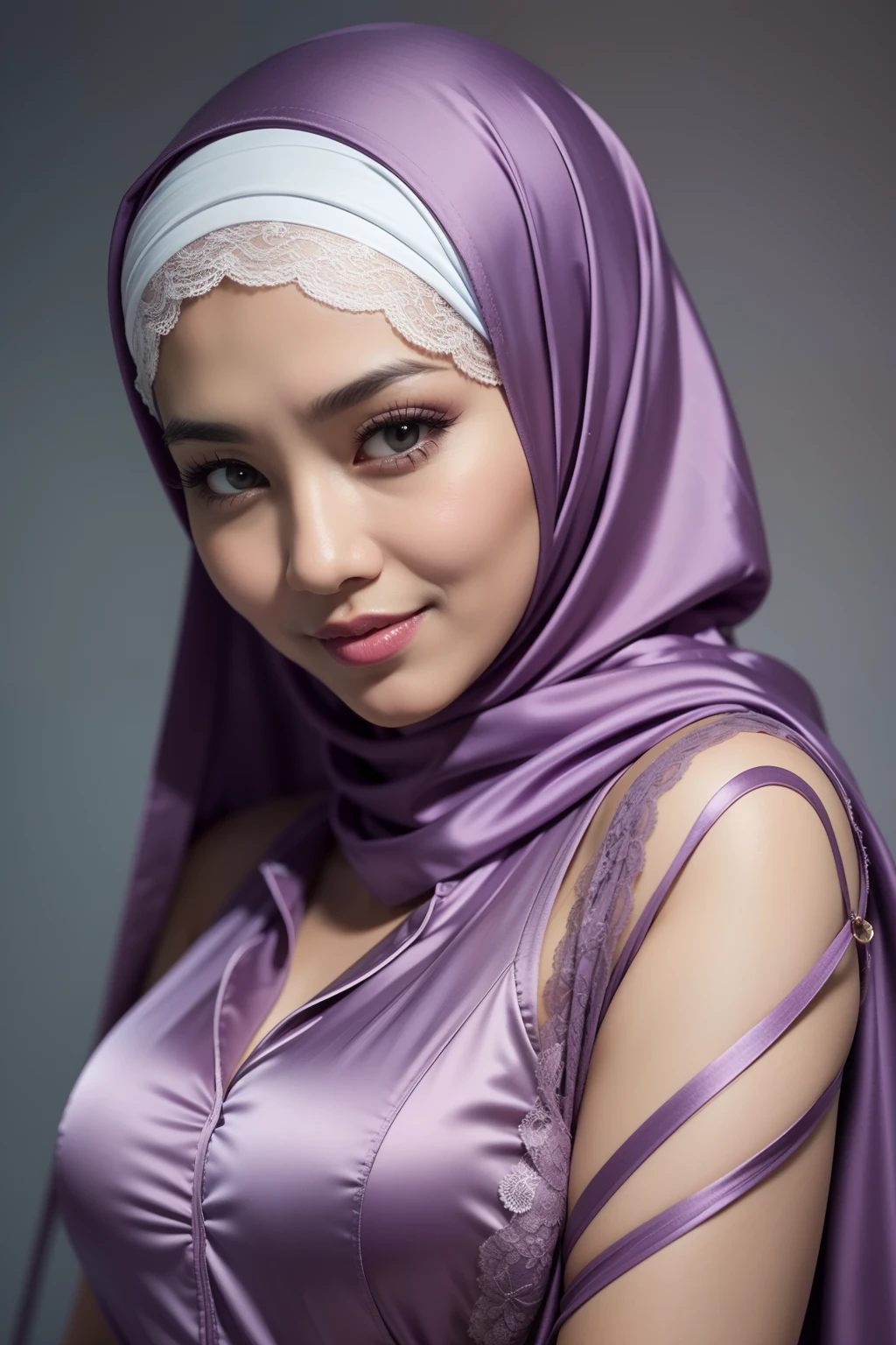 Craft an outstanding portrait that celebrates the beauty and individuality of a Malay girl in a hijab. Showcase her personality and story through creative composition and lighting. Use natural light or unique artificial lighting to add depth and character to the portrait. Pay attention to the details of her hijab, clothing, and accessories, highlighting their textures and colors. Encourage the subject to express her emotions and character through her gaze and pose, creating a compelling and empowering portrait that captures her strength and uniqueness, large loose chest, perfect plump drooping breasts, overflowing breasts, open chest, symbol as a woman, detailed description, 23 years old, cute, super sexy, random posing, Orgasmic Face, fluffy breast, full body